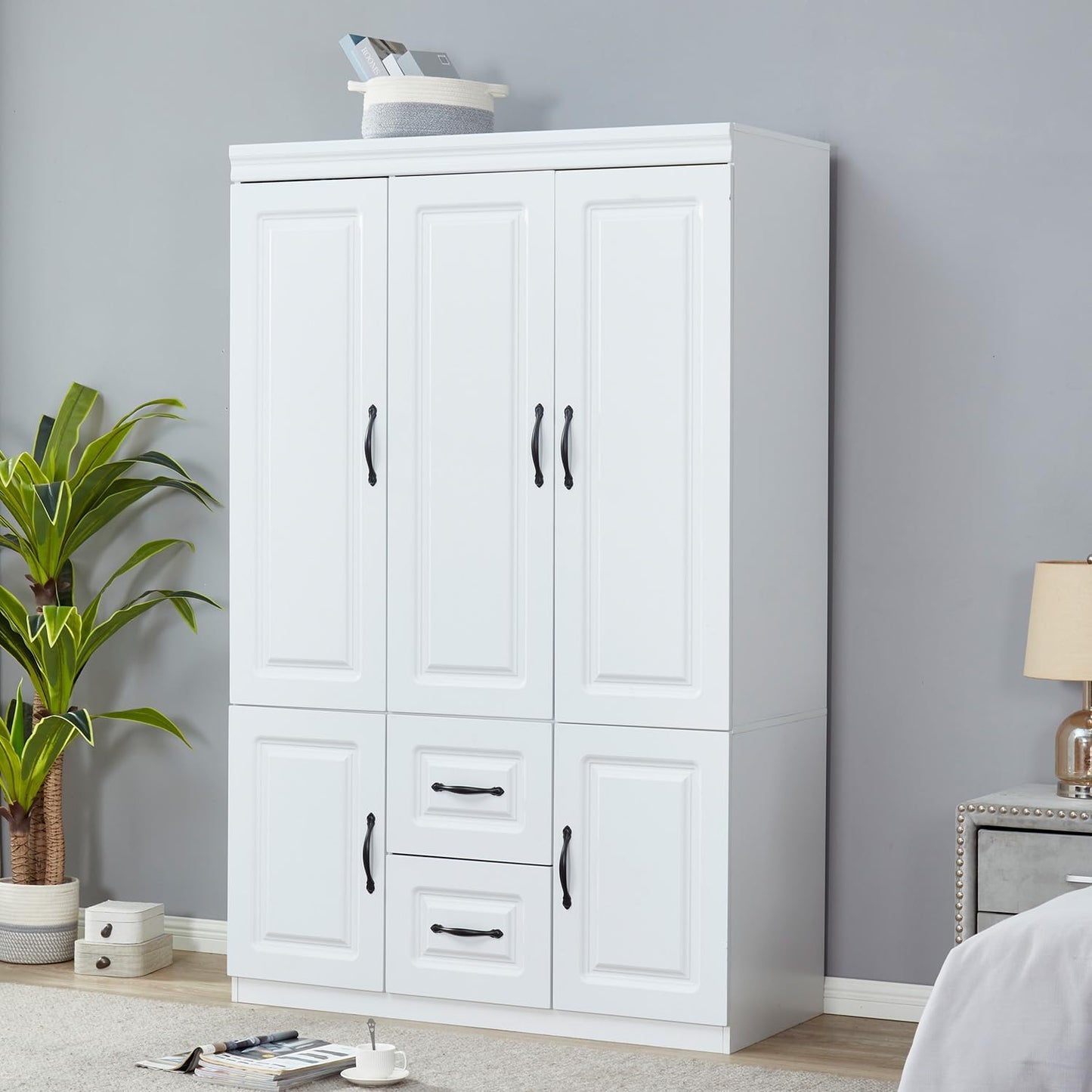 Wooden Armoire Wardrobe Closet:Large Wardrobe Closet with 4 Doors, 3 Drawers for Tall Cabinet, Wardrobe Cabinet for Bedroom with Hanging Rods, Golden Handle, White