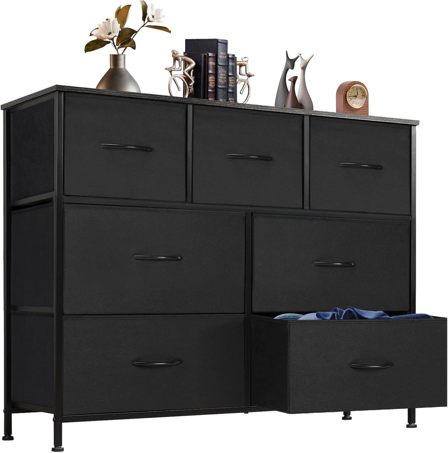 DUMOS Dresser for Bedroom, Storage Organizer with 9 Drawers, Chest of Drawers with Fabric Bins, Sturdy Metal Frame, Wood Tabletop for Guest Room, Closet, Entryway, Nursery
