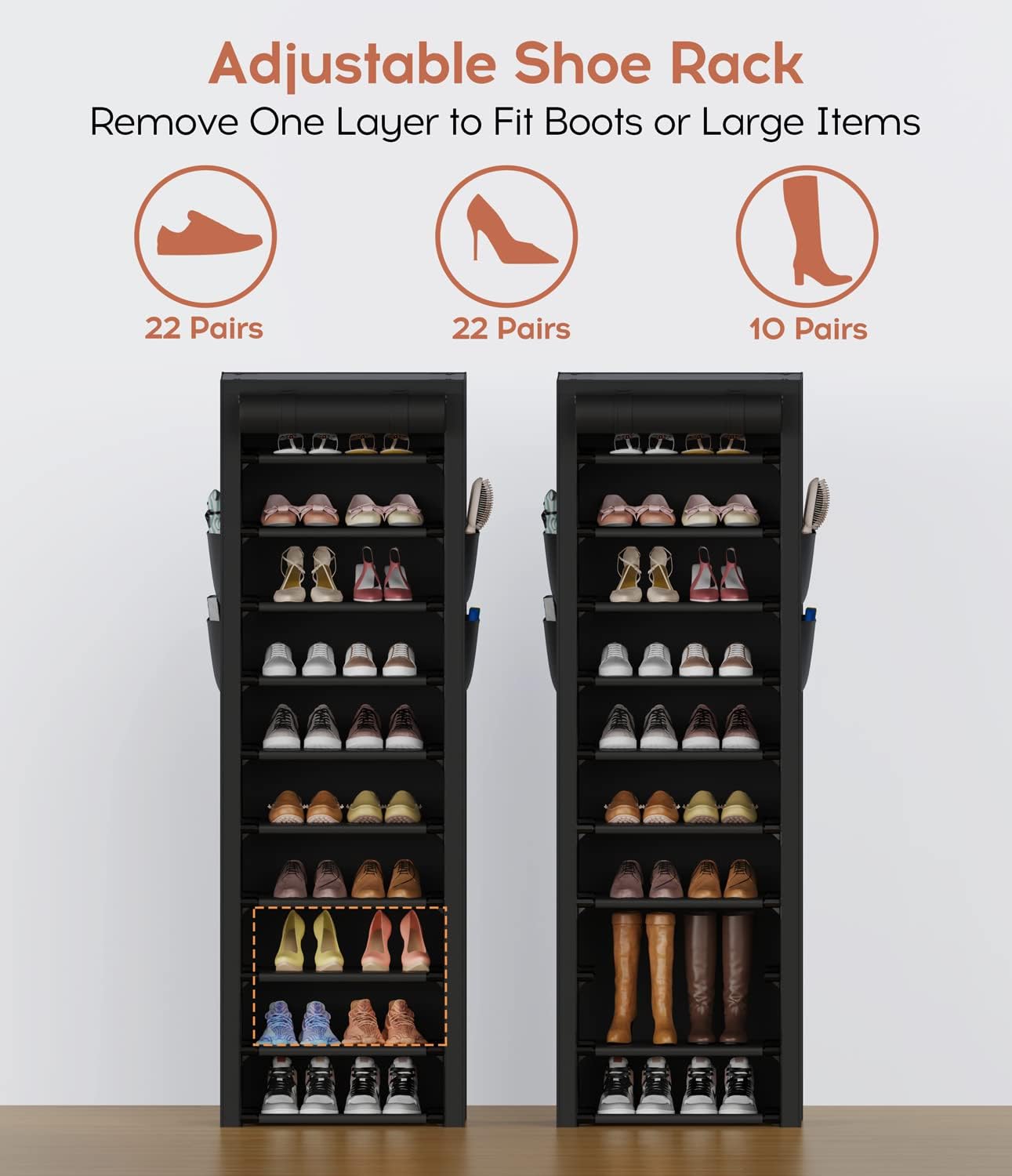 VTRIN Vertical Narrow Shoe Rack Organizer Tall Shoe Rack for Closet Entryway 10 Tier Non-Woven Cover Shoe Shelf Holds 20-22 Pairs Free Standing Shoe Storage Cabinet with Dustproof Cover, Black