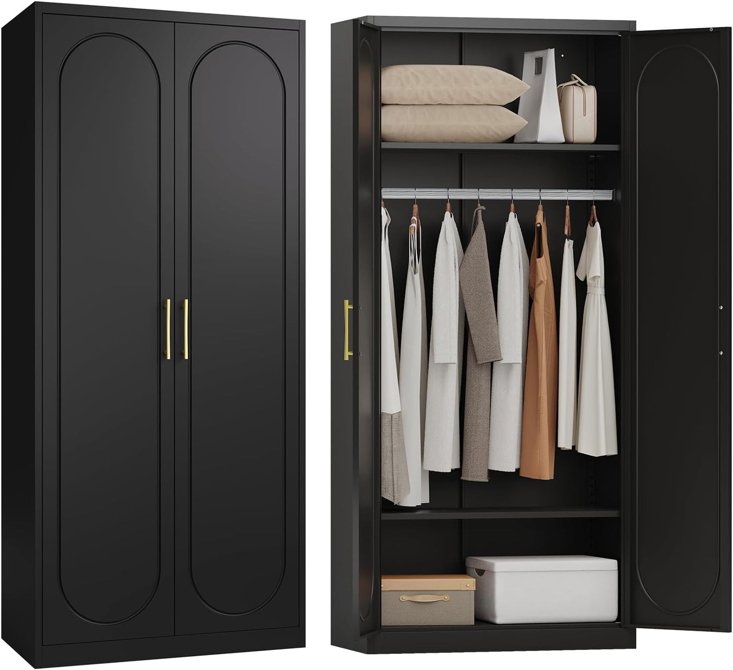Metal Armoire Wardrobe Closet with Hanging Rod, 71" Tall Wardrobe Cabinet for Clothes, Black Clothing Storage Cabinet with Doors and Shelves, Large Wardrobes for Bedroom-Assemble Required