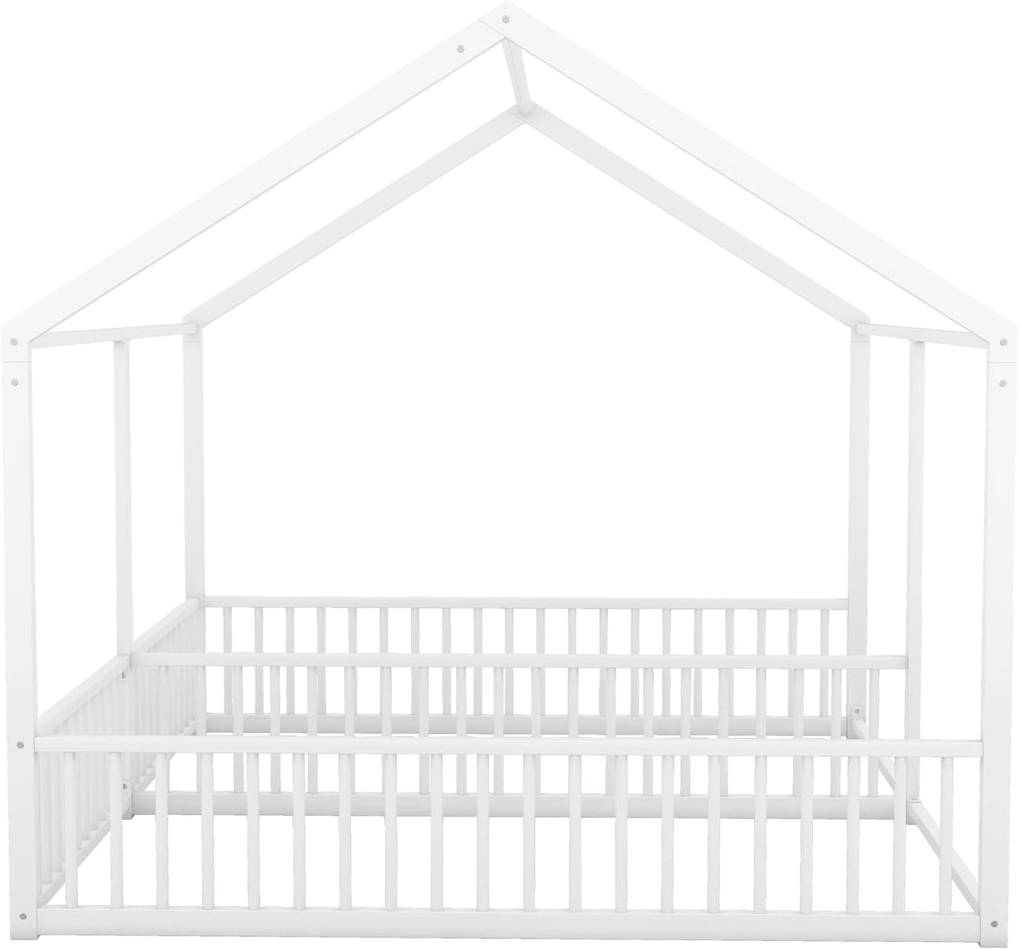 Double Floor Bed for Twins,Twin Size House Bed for 2 Kids,Two Shared Beds,Twin House Platform Beds,Metal Floor Bed Frame with Rails for Girls,Boys(White)