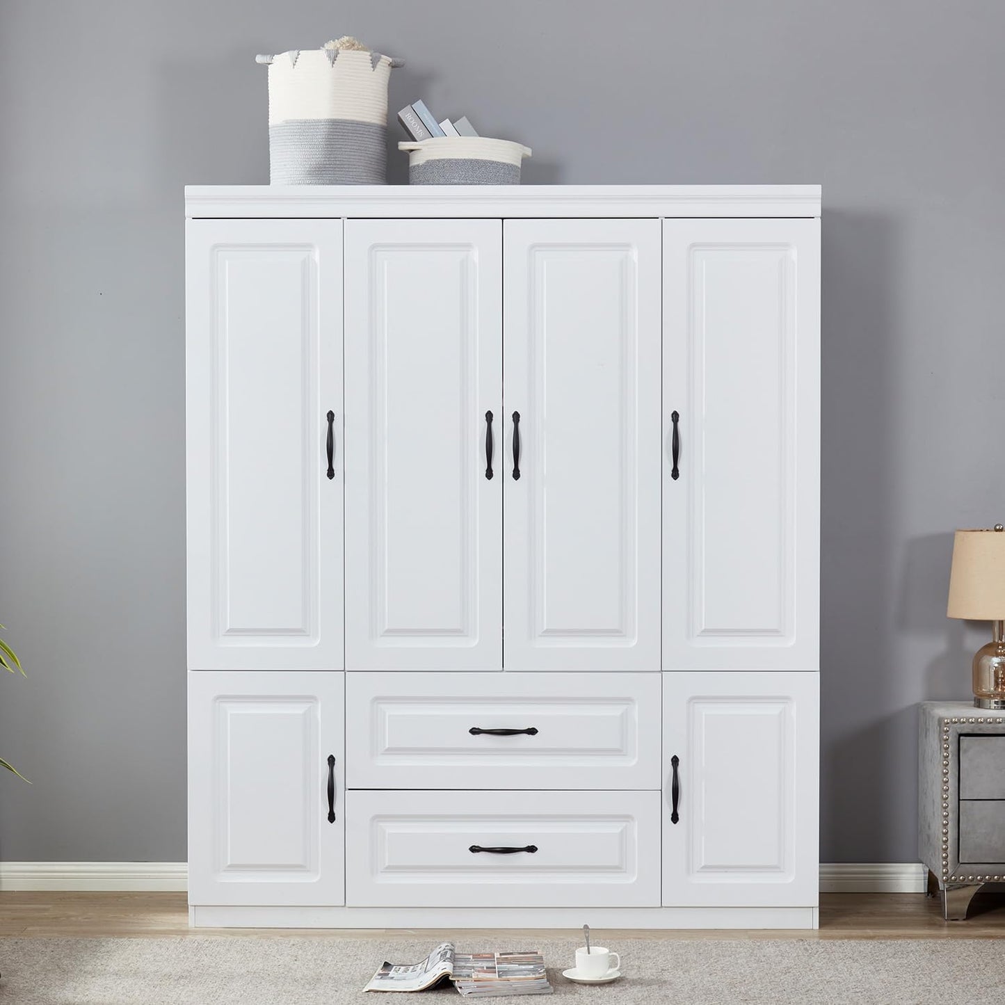 Wooden Armoire Wardrobe Closet:Large Wardrobe Closet with 4 Doors, 3 Drawers for Tall Cabinet, Wardrobe Cabinet for Bedroom with Hanging Rods, Golden Handle, White
