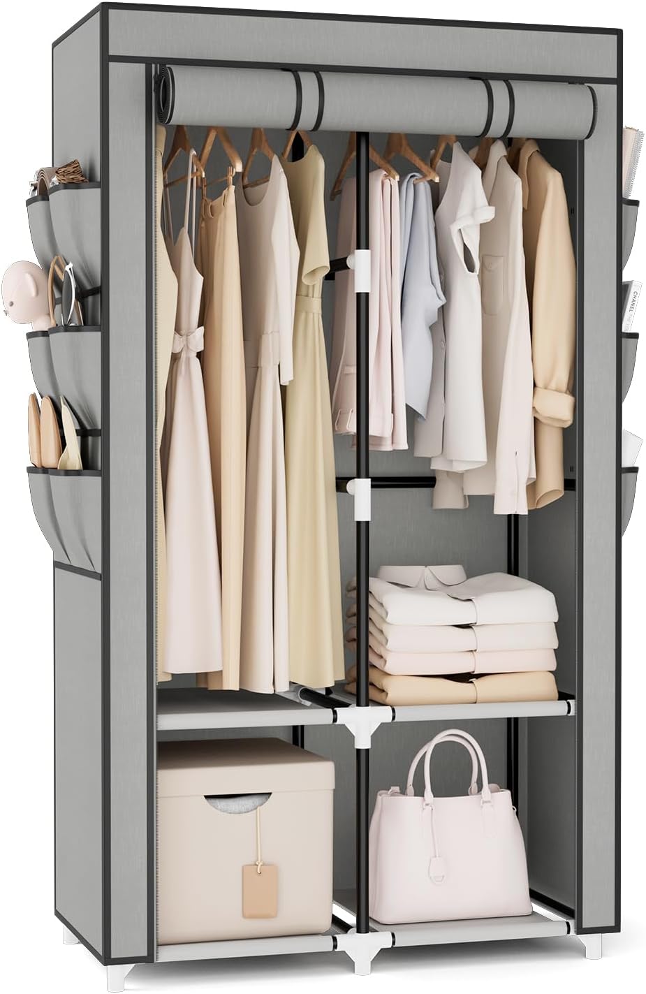 VTRIN Portable Closet Wardrobe Closet for Hanging Clothes with 4 Storage Shelves, 2 Hanging Rods and 6 Pockets, Stable and Easy Assembly Clothes Rack with Cover Free Standing Closet for Bedroom, Black