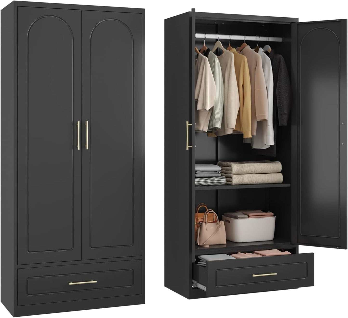Metal Wardrobe Cabinet with Hanging Rod, 71" Tall Armoire Wardrobe Closet with 2 Doors and Adjustable Shelves, Black Clothing Storage Cabinets for Bedroom, Laundry Room, Cloak Room