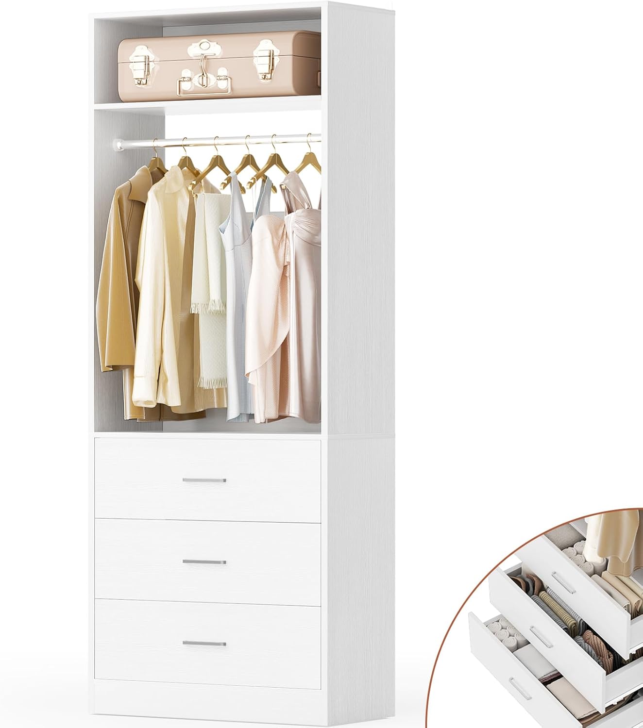 Closet System Set of 2, 4FT Closet Systems with 6 Wood Drawers, 48" Closet Organizer System with 2 Hanging Rods & 2 Shelves, Heavy Duty 48 Inch Walk-in Closet , White (48"L x 15" W x 80" H)