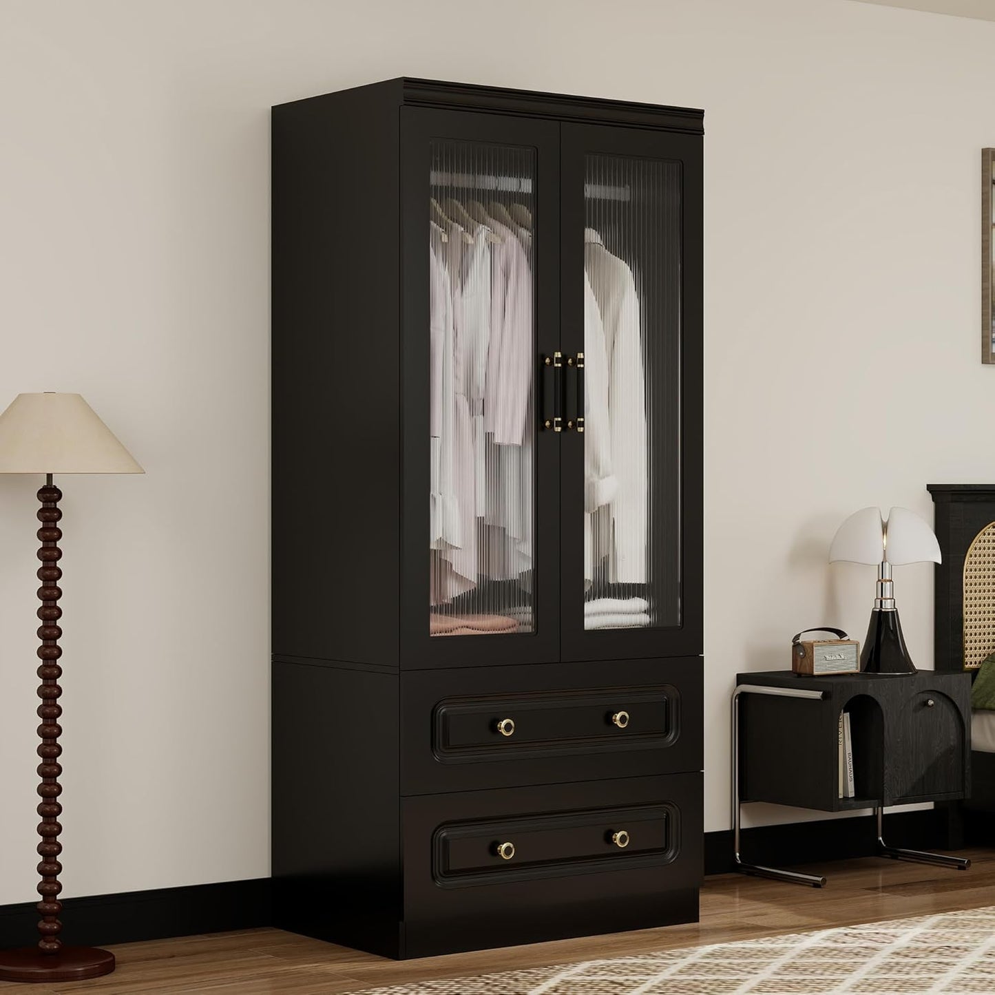 Wooden Armoire Wardrobe Closet:Large Wardrobe Closet with 4 Doors, 3 Drawers for Tall Cabinet, Wardrobe Cabinet for Bedroom with Hanging Rods, Golden Handle, White