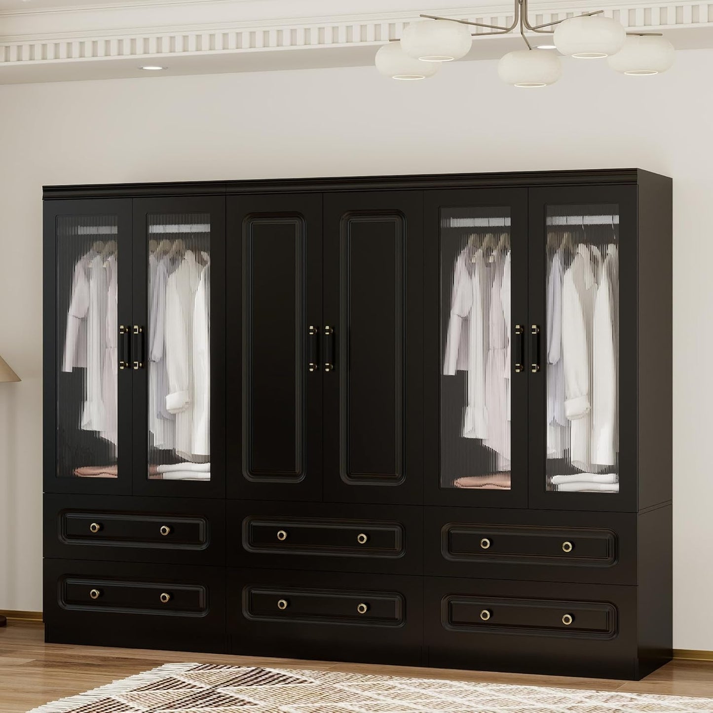 Wooden Armoire Wardrobe Closet:Large Wardrobe Closet with 4 Doors, 3 Drawers for Tall Cabinet, Wardrobe Cabinet for Bedroom with Hanging Rods, Golden Handle, White