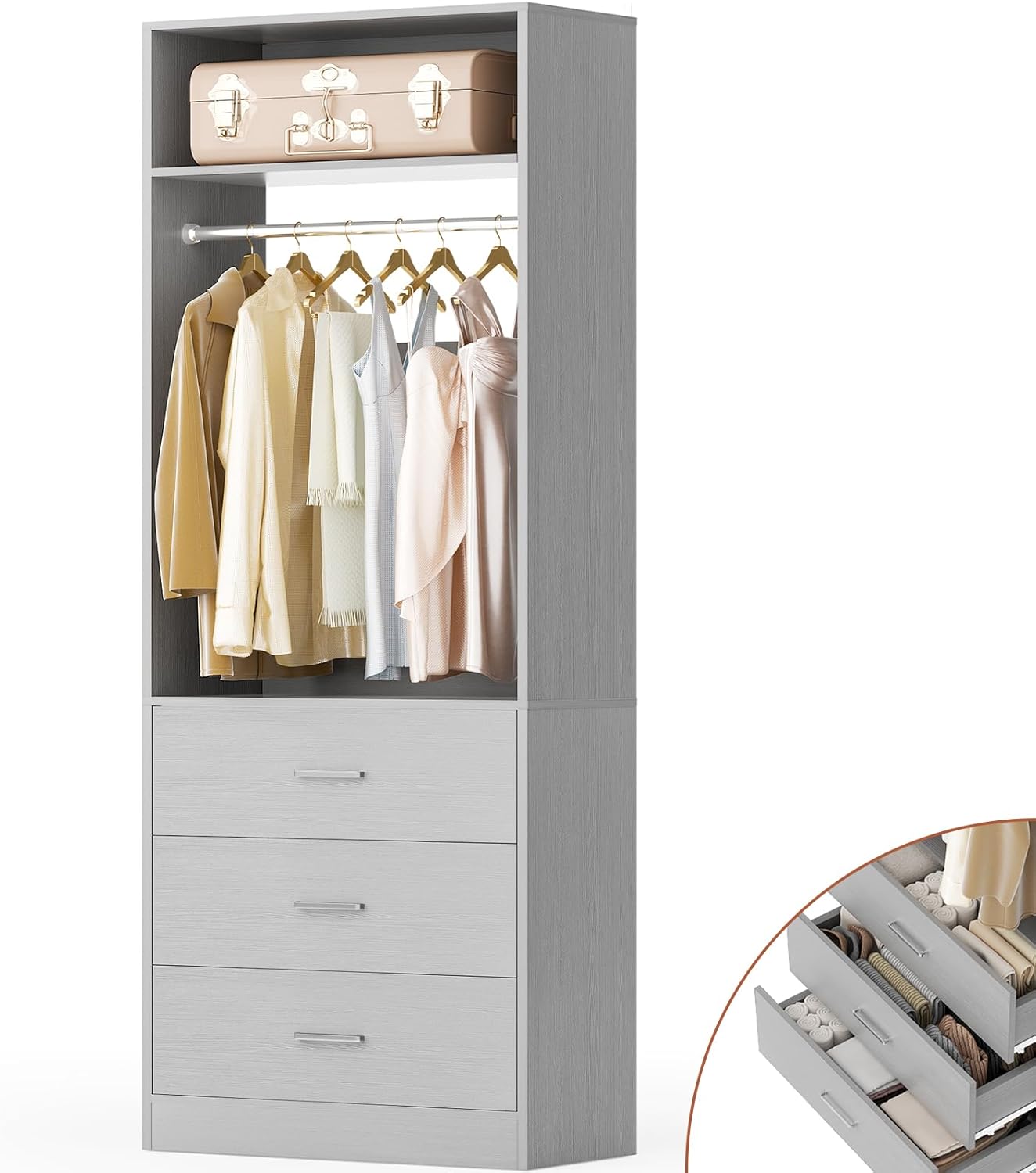 Closet System Set of 2, 4FT Closet Systems with 6 Wood Drawers, 48" Closet Organizer System with 2 Hanging Rods & 2 Shelves, Heavy Duty 48 Inch Walk-in Closet , White (48"L x 15" W x 80" H)