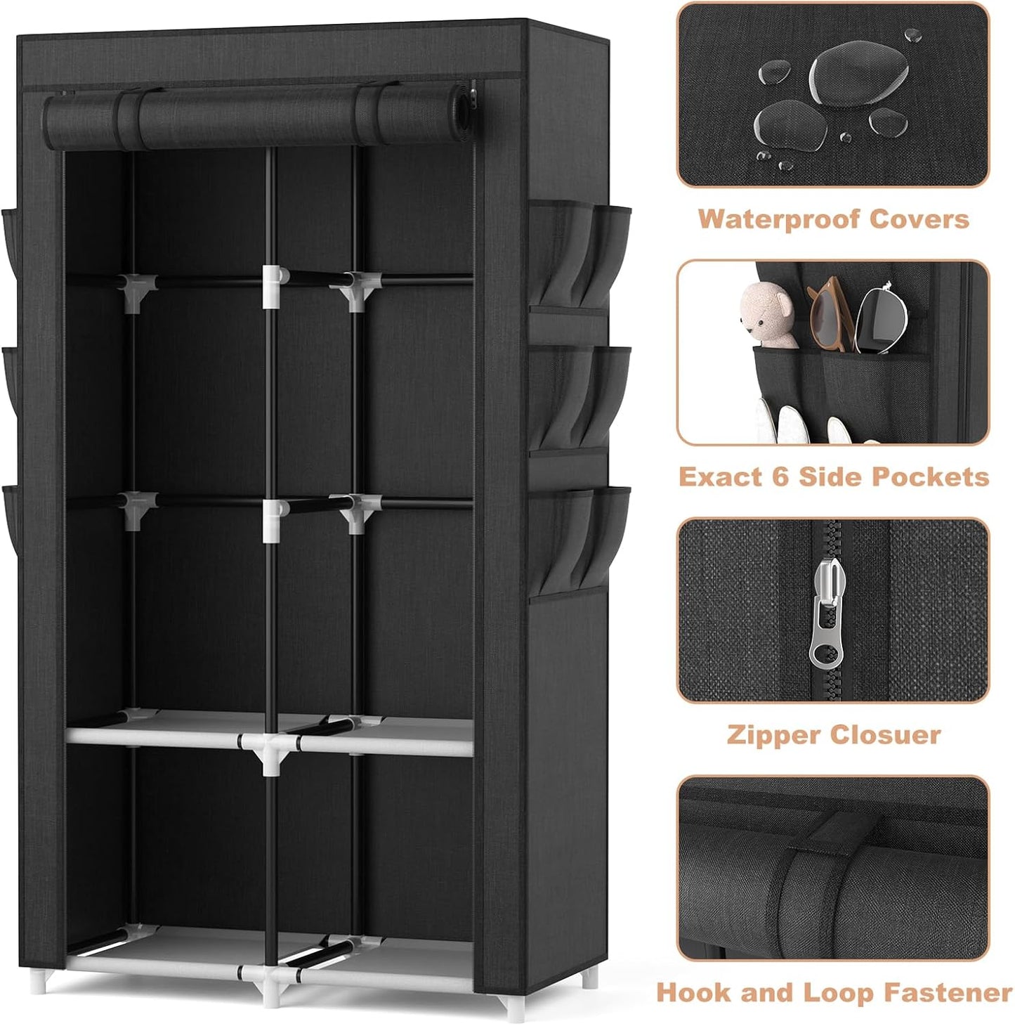 VTRIN Portable Closet Wardrobe Closet for Hanging Clothes with 4 Storage Shelves, 2 Hanging Rods and 6 Pockets, Stable and Easy Assembly Clothes Rack with Cover Free Standing Closet for Bedroom, Black