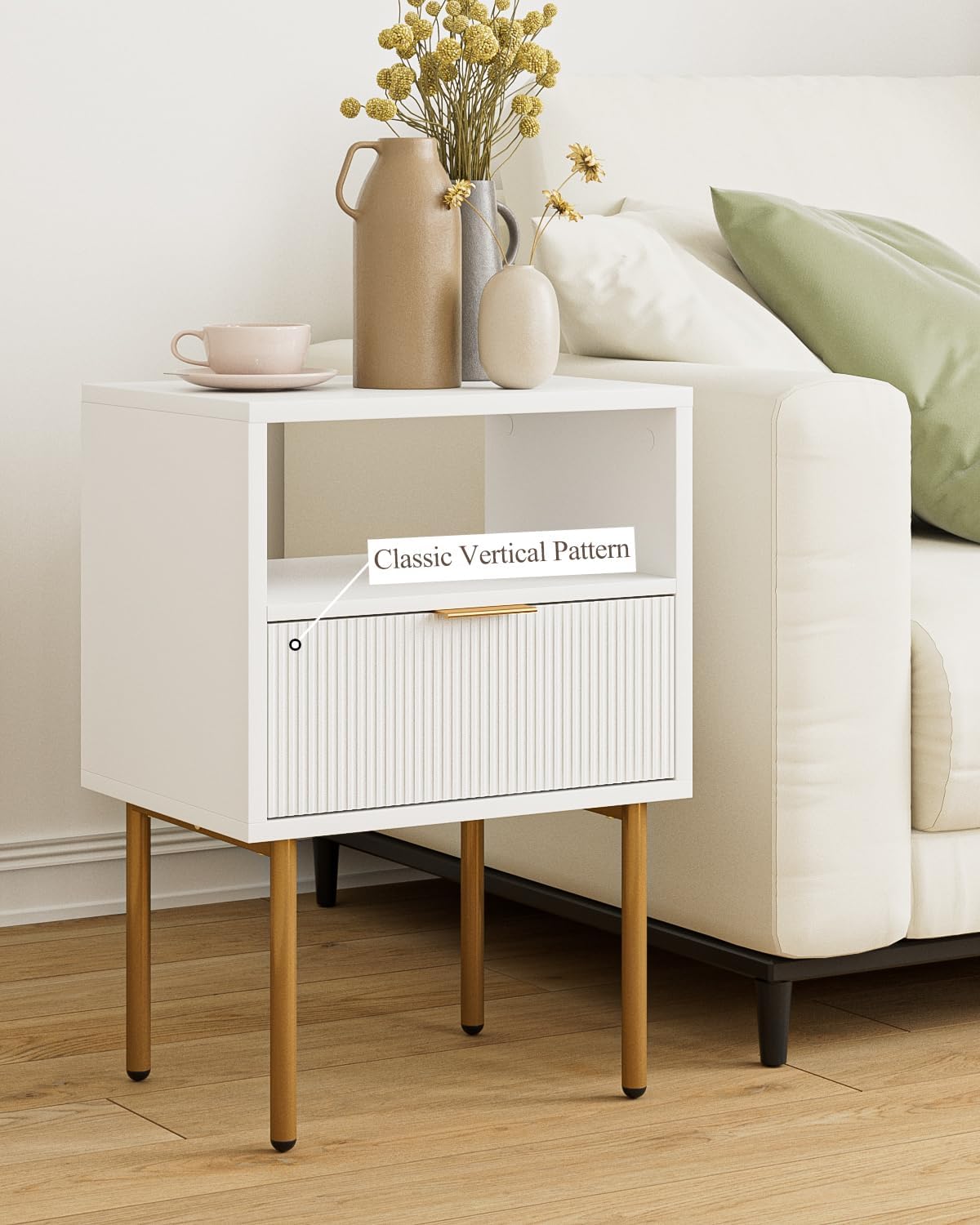 Masupu Nightstand,Mid-Century Modern Bedside Table with Storage Drawer and Open Wood Shelf,Small Gold Frame Side Table for Bedroom,Living Room,White