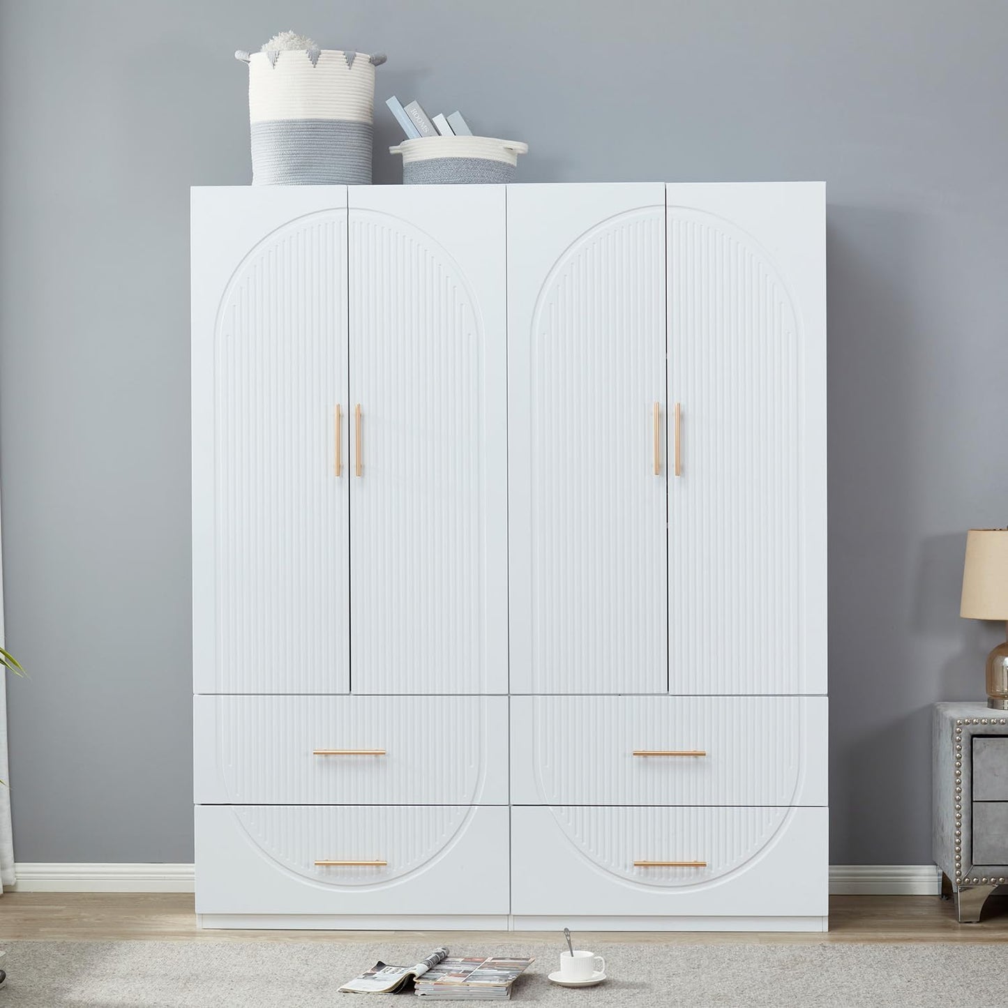 Wooden Armoire Wardrobe Closet:Large Wardrobe Closet with 4 Doors, 3 Drawers for Tall Cabinet, Wardrobe Cabinet for Bedroom with Hanging Rods, Golden Handle, White