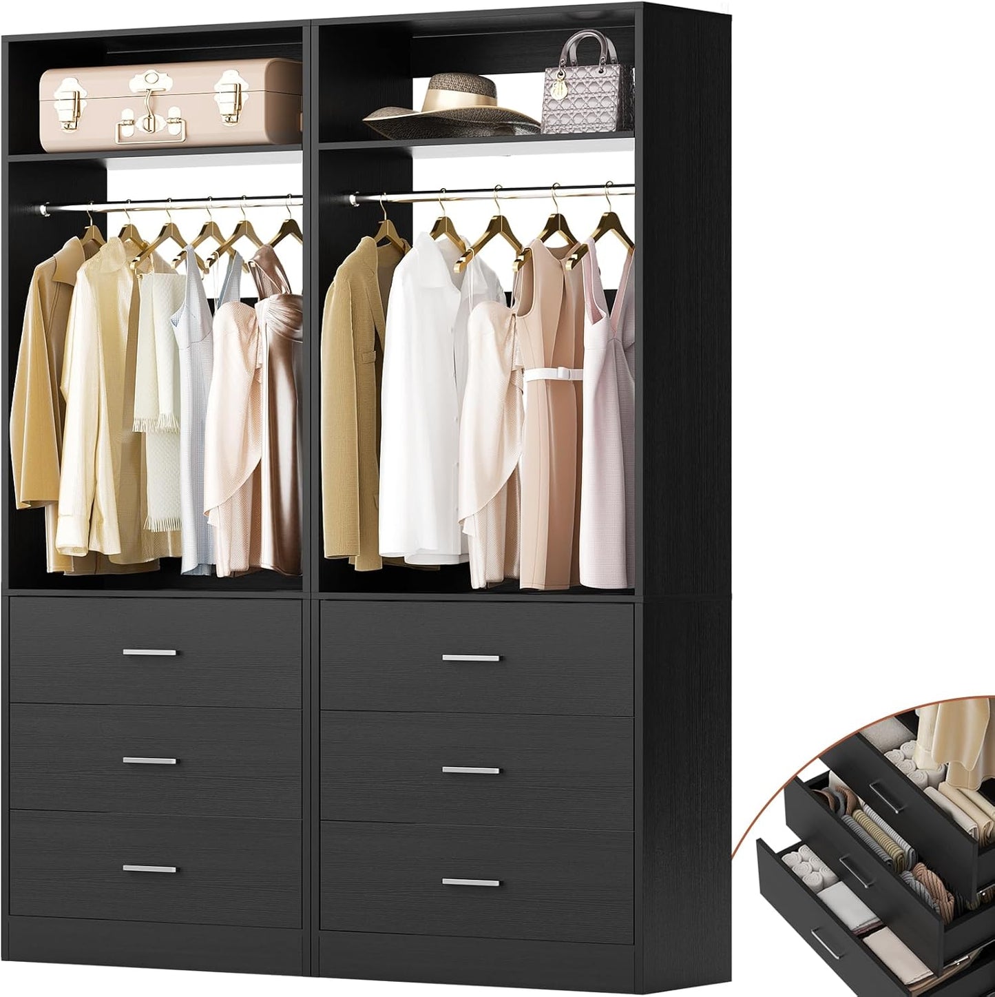 Closet System Set of 2, 4FT Closet Systems with 6 Wood Drawers, 48" Closet Organizer System with 2 Hanging Rods & 2 Shelves, Heavy Duty 48 Inch Walk-in Closet , White (48"L x 15" W x 80" H)