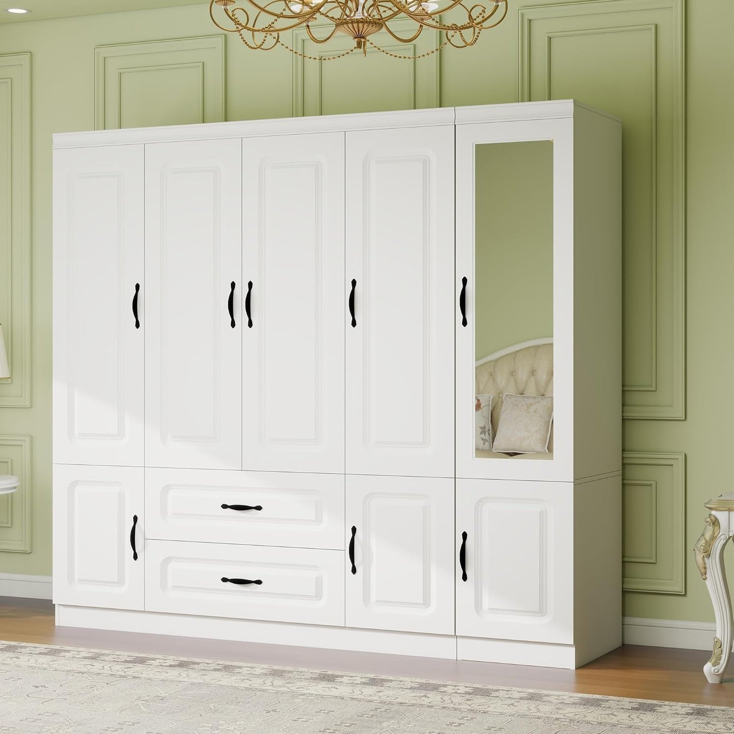 Wooden Armoire Wardrobe Closet:Large Wardrobe Closet with 4 Doors, 3 Drawers for Tall Cabinet, Wardrobe Cabinet for Bedroom with Hanging Rods, Golden Handle, White