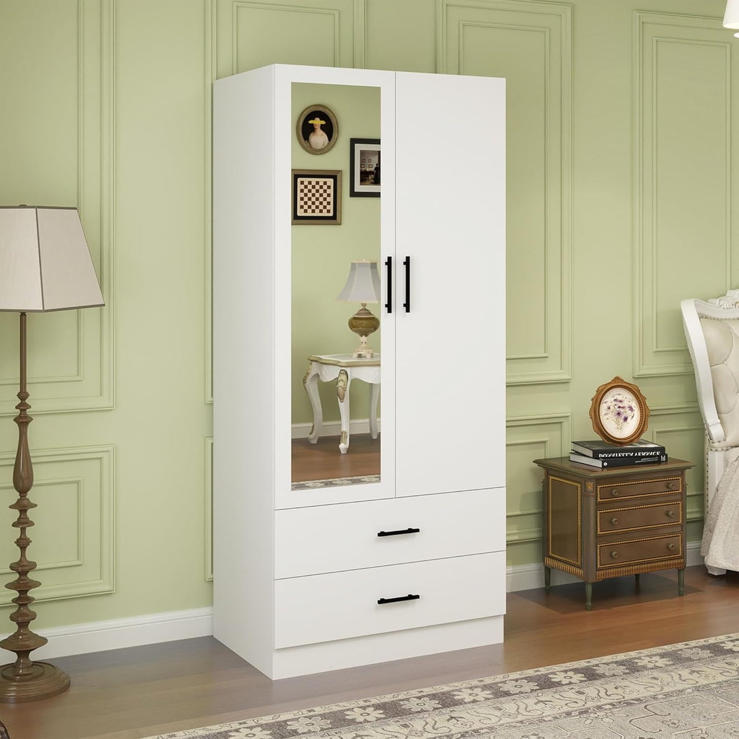 Wooden Armoire Wardrobe Closet:Large Wardrobe Closet with 4 Doors, 3 Drawers for Tall Cabinet, Wardrobe Cabinet for Bedroom with Hanging Rods, Golden Handle, White