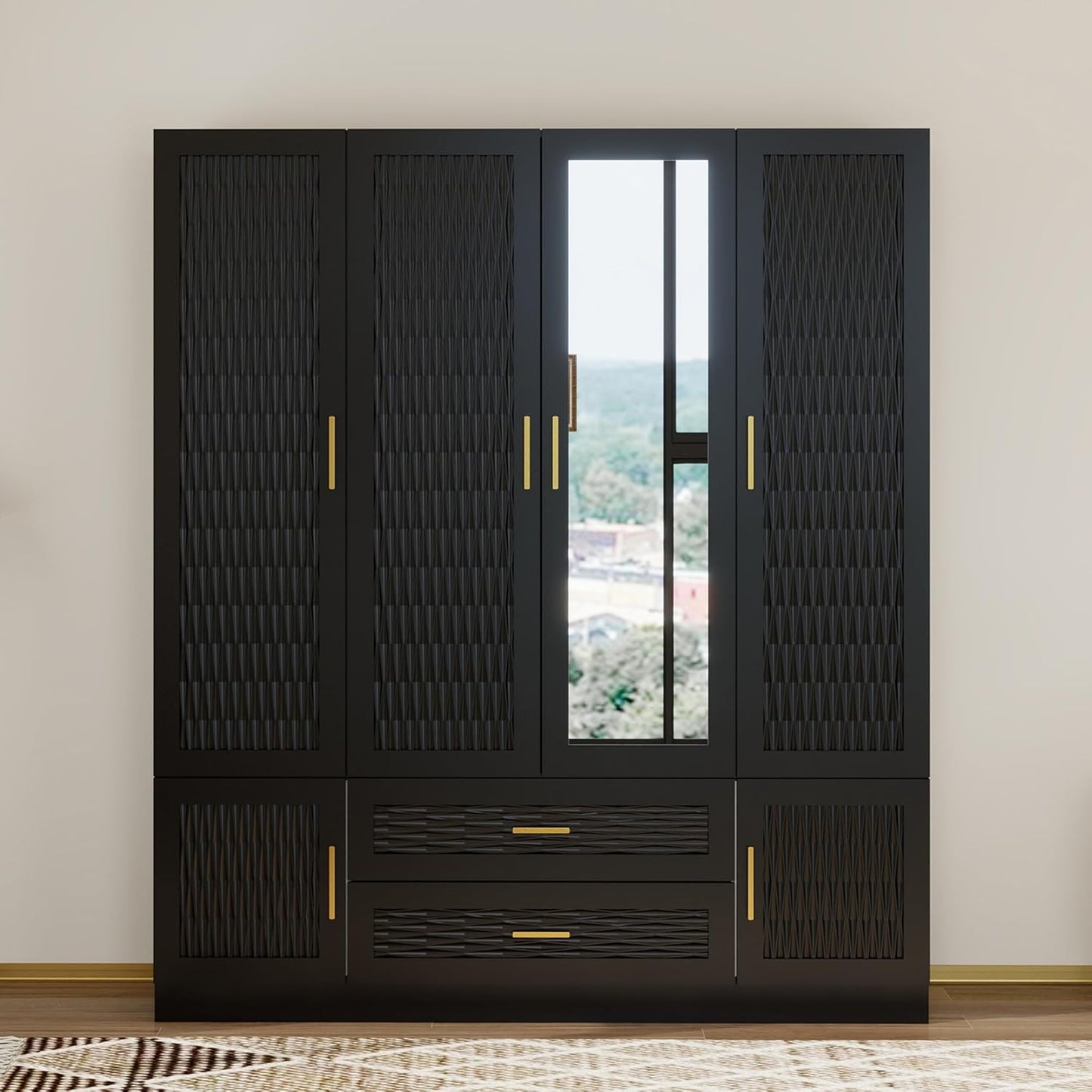 Wooden Armoire Wardrobe Closet:Large Wardrobe Closet with 4 Doors, 3 Drawers for Tall Cabinet, Wardrobe Cabinet for Bedroom with Hanging Rods, Golden Handle, White