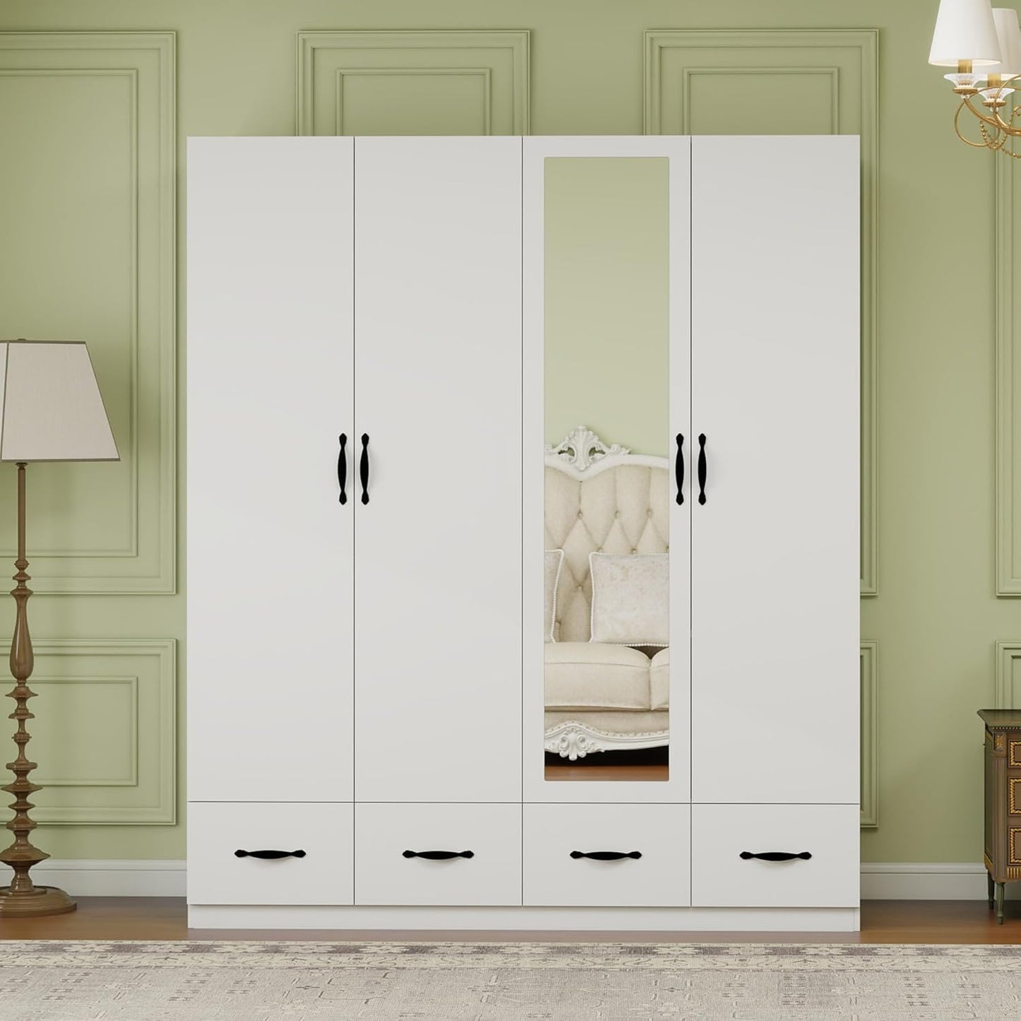 Wooden Armoire Wardrobe Closet:Large Wardrobe Closet with 4 Doors, 3 Drawers for Tall Cabinet, Wardrobe Cabinet for Bedroom with Hanging Rods, Golden Handle, White