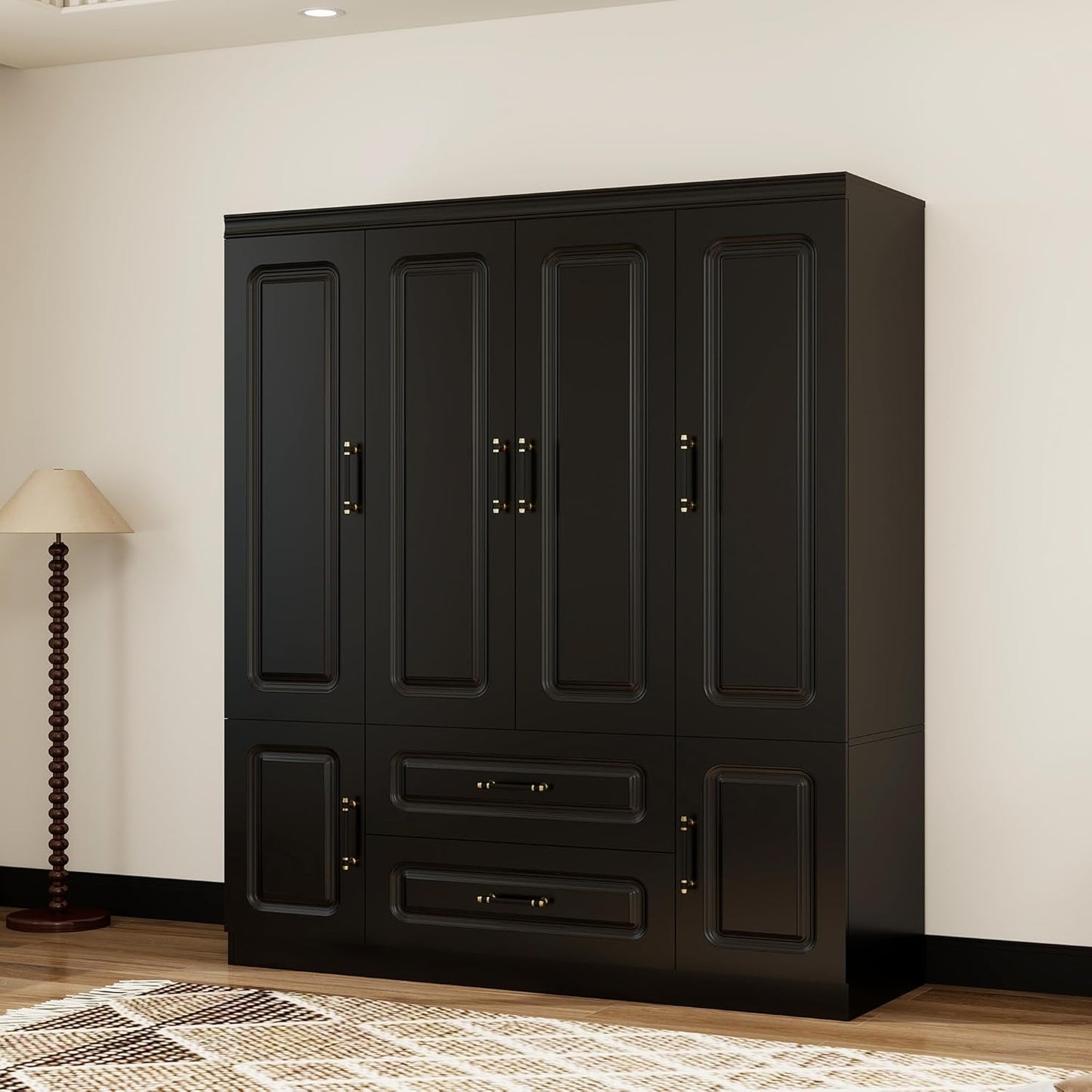 Wooden Armoire Wardrobe Closet:Large Wardrobe Closet with 4 Doors, 3 Drawers for Tall Cabinet, Wardrobe Cabinet for Bedroom with Hanging Rods, Golden Handle, White
