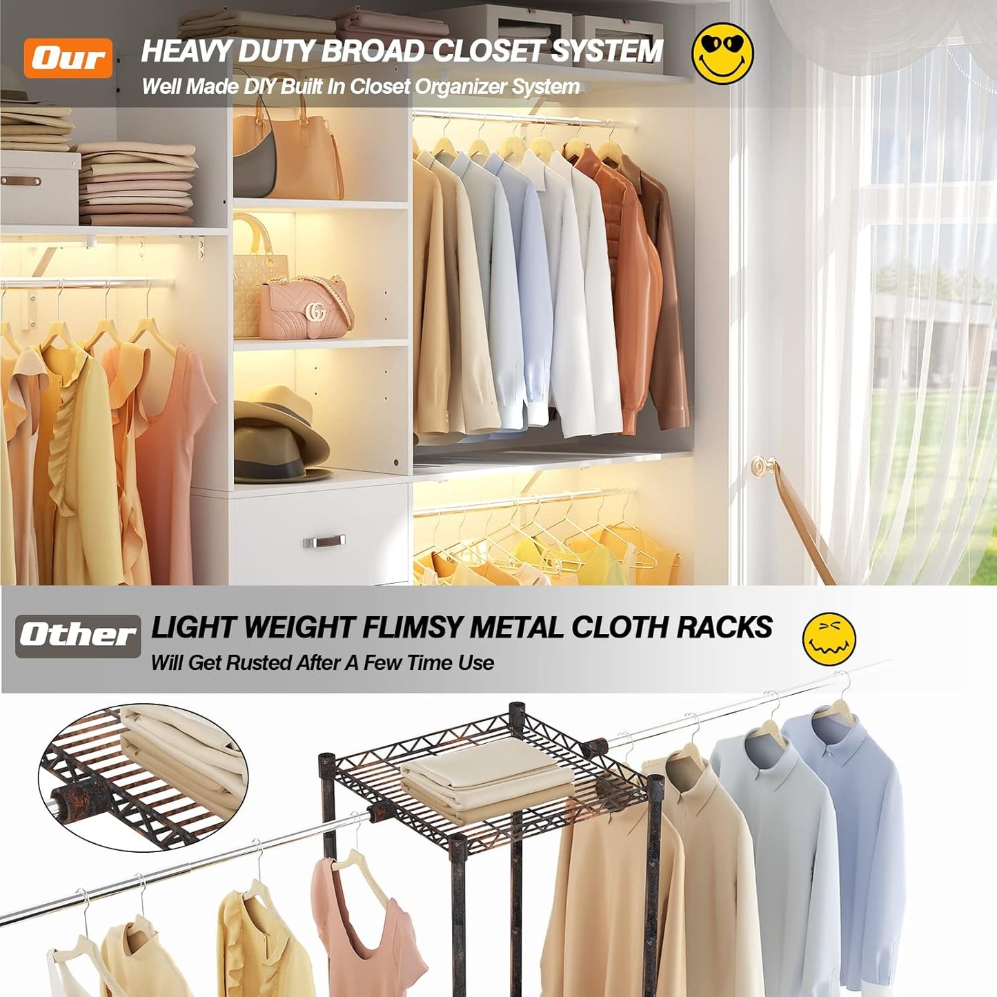 8FT Closet System, 96'' Closet Organizer System with 3 Hanging Rods, Wall Mount Bedroom Wardrobe with 3 Drawers Walk-in Closet, Adjustable Cloth Garment Rack from 5 to 8FT (Cut to Fit), White