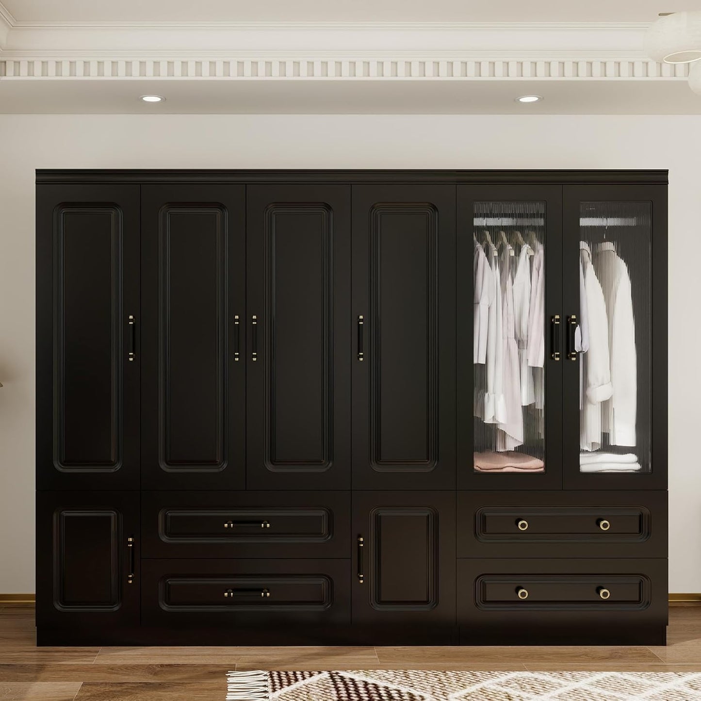 Wooden Armoire Wardrobe Closet:Large Wardrobe Closet with 4 Doors, 3 Drawers for Tall Cabinet, Wardrobe Cabinet for Bedroom with Hanging Rods, Golden Handle, White