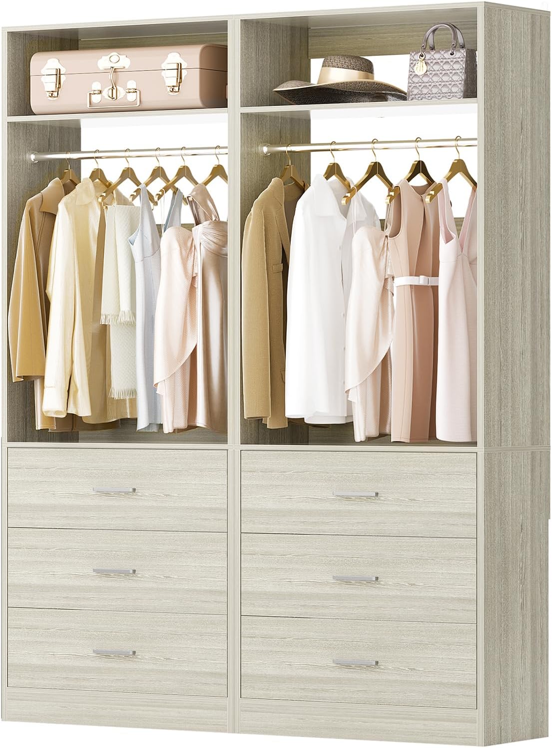 Closet System Set of 2, 4FT Closet Systems with 6 Wood Drawers, 48" Closet Organizer System with 2 Hanging Rods & 2 Shelves, Heavy Duty 48 Inch Walk-in Closet , White (48"L x 15" W x 80" H)