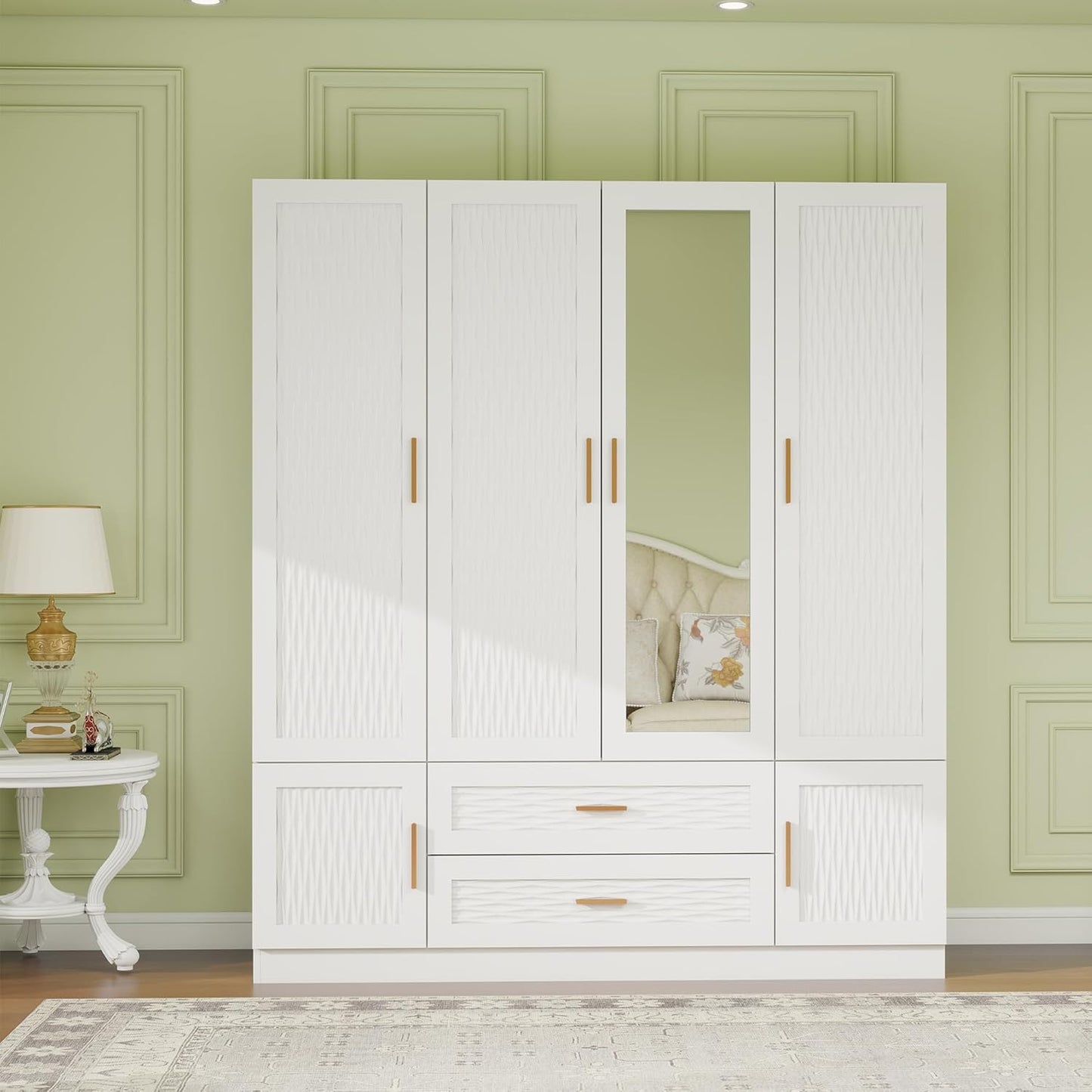 Wooden Armoire Wardrobe Closet:Large Wardrobe Closet with 4 Doors, 3 Drawers for Tall Cabinet, Wardrobe Cabinet for Bedroom with Hanging Rods, Golden Handle, White