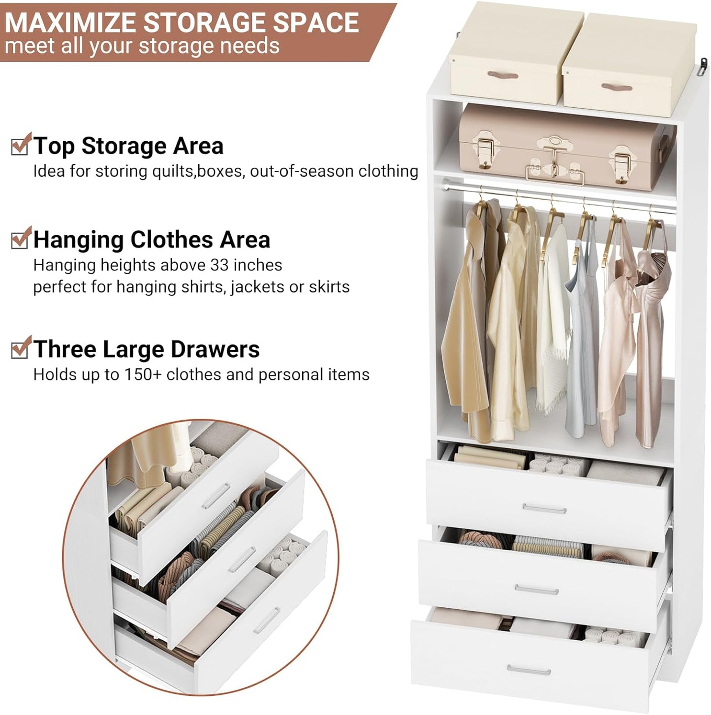 Closet System Set of 2, 4FT Closet Systems with 6 Wood Drawers, 48" Closet Organizer System with 2 Hanging Rods & 2 Shelves, Heavy Duty 48 Inch Walk-in Closet , White (48"L x 15" W x 80" H)