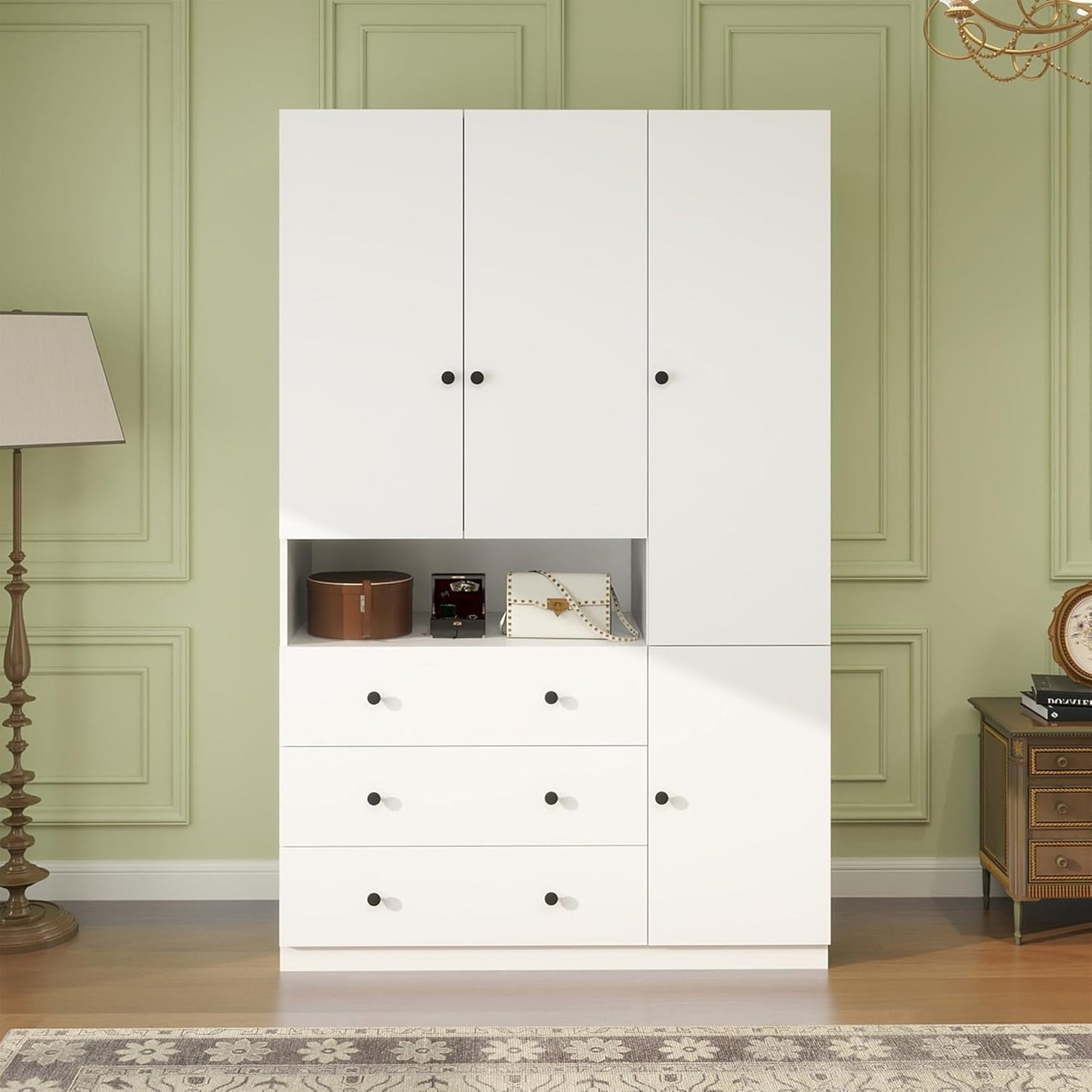 Wooden Armoire Wardrobe Closet:Large Wardrobe Closet with 4 Doors, 3 Drawers for Tall Cabinet, Wardrobe Cabinet for Bedroom with Hanging Rods, Golden Handle, White
