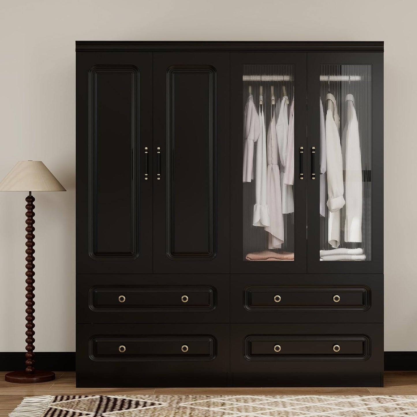 Wooden Armoire Wardrobe Closet:Large Wardrobe Closet with 4 Doors, 3 Drawers for Tall Cabinet, Wardrobe Cabinet for Bedroom with Hanging Rods, Golden Handle, White