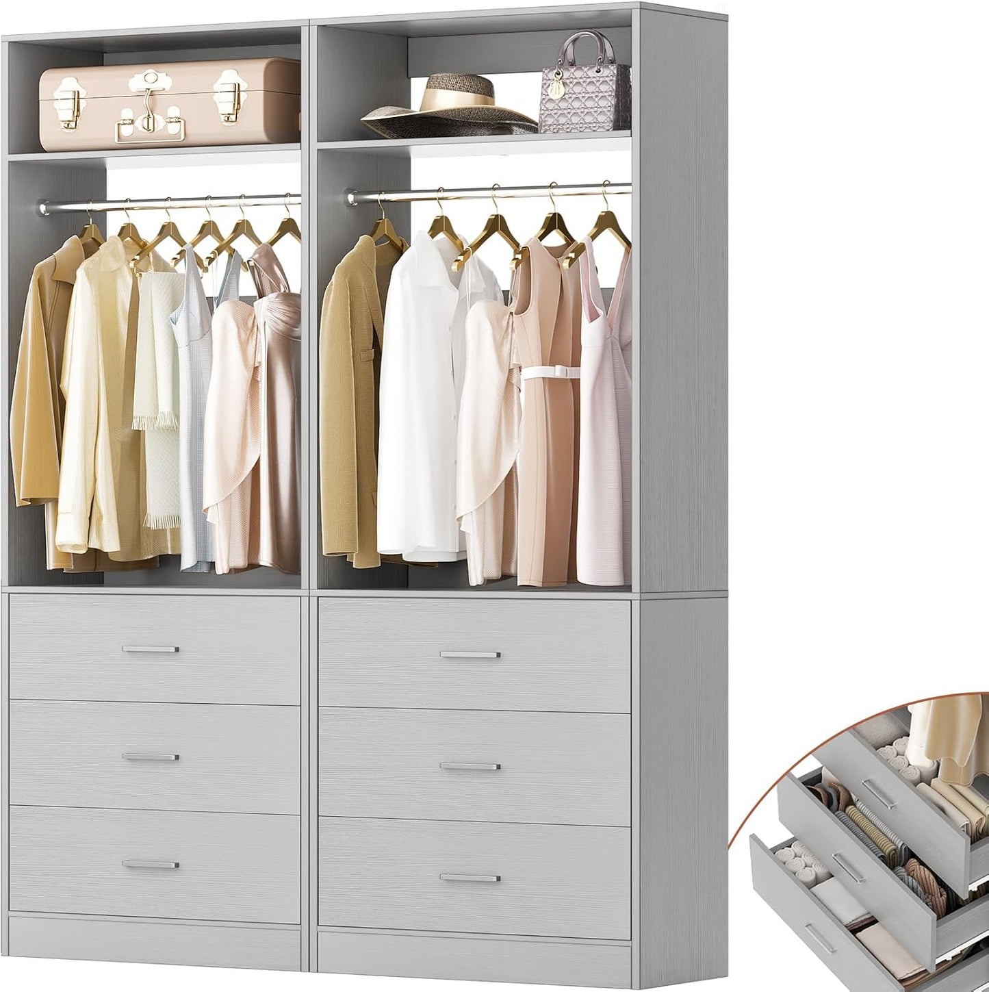 Closet System Set of 2, 4FT Closet Systems with 6 Wood Drawers, 48" Closet Organizer System with 2 Hanging Rods & 2 Shelves, Heavy Duty 48 Inch Walk-in Closet , White (48"L x 15" W x 80" H)