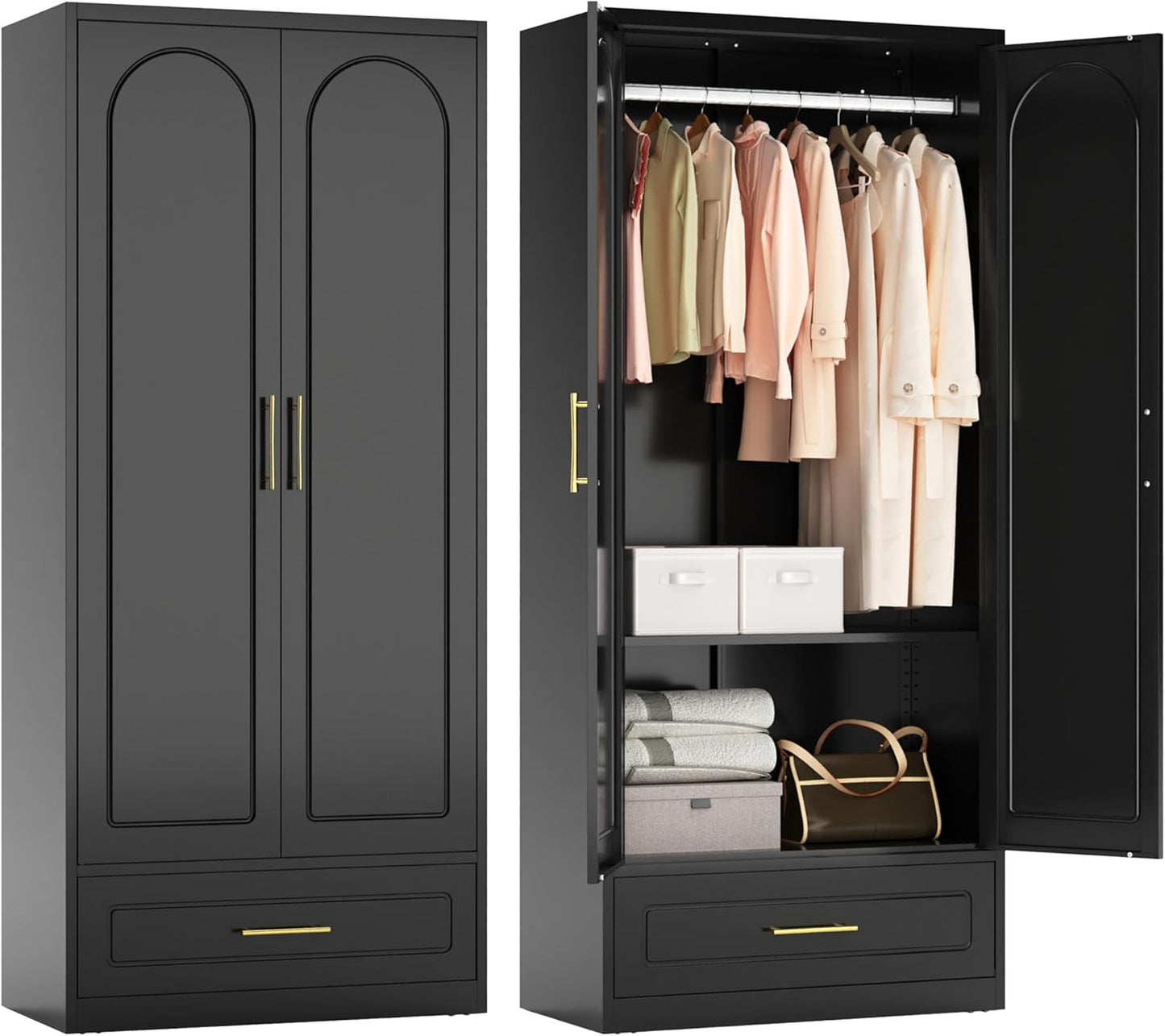 Metal Armoire Wardrobe Closet with Hanging Rod, 71" Tall Wardrobe Cabinet for Clothes, Black Clothing Storage Cabinet with Doors and Shelves, Large Wardrobes for Bedroom-Assemble Required
