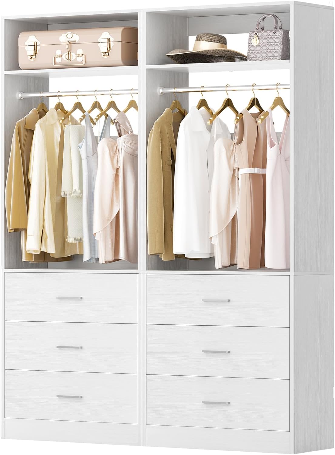 Closet System Set of 2, 4FT Closet Systems with 6 Wood Drawers, 48" Closet Organizer System with 2 Hanging Rods & 2 Shelves, Heavy Duty 48 Inch Walk-in Closet , White (48"L x 15" W x 80" H)