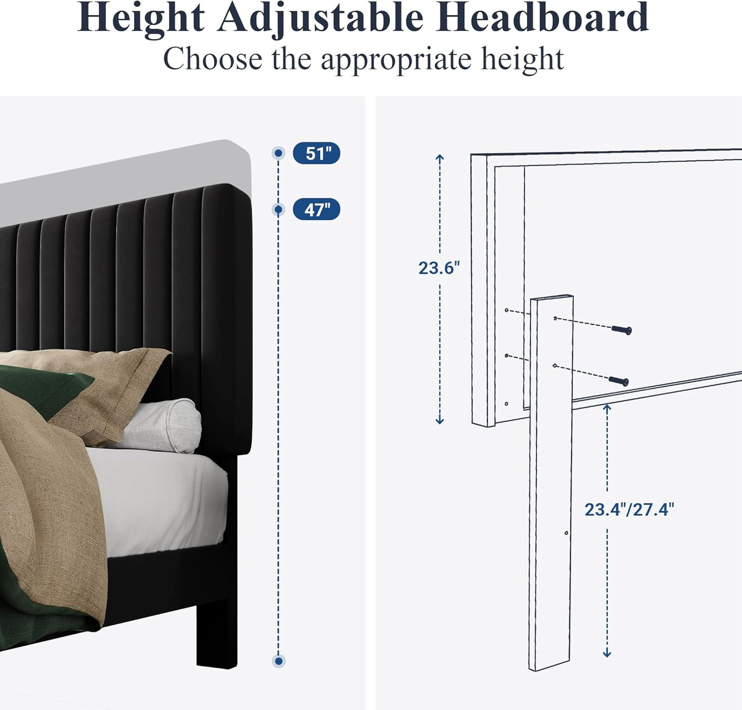 Allewie Queen Bed Frame, Velvet Upholstered Platform Bed with Vertical Channel Tufted Headboard, Mattress Foundation with Strong Wooden Slats, Box Spring Optional, Easy Assembly, Black