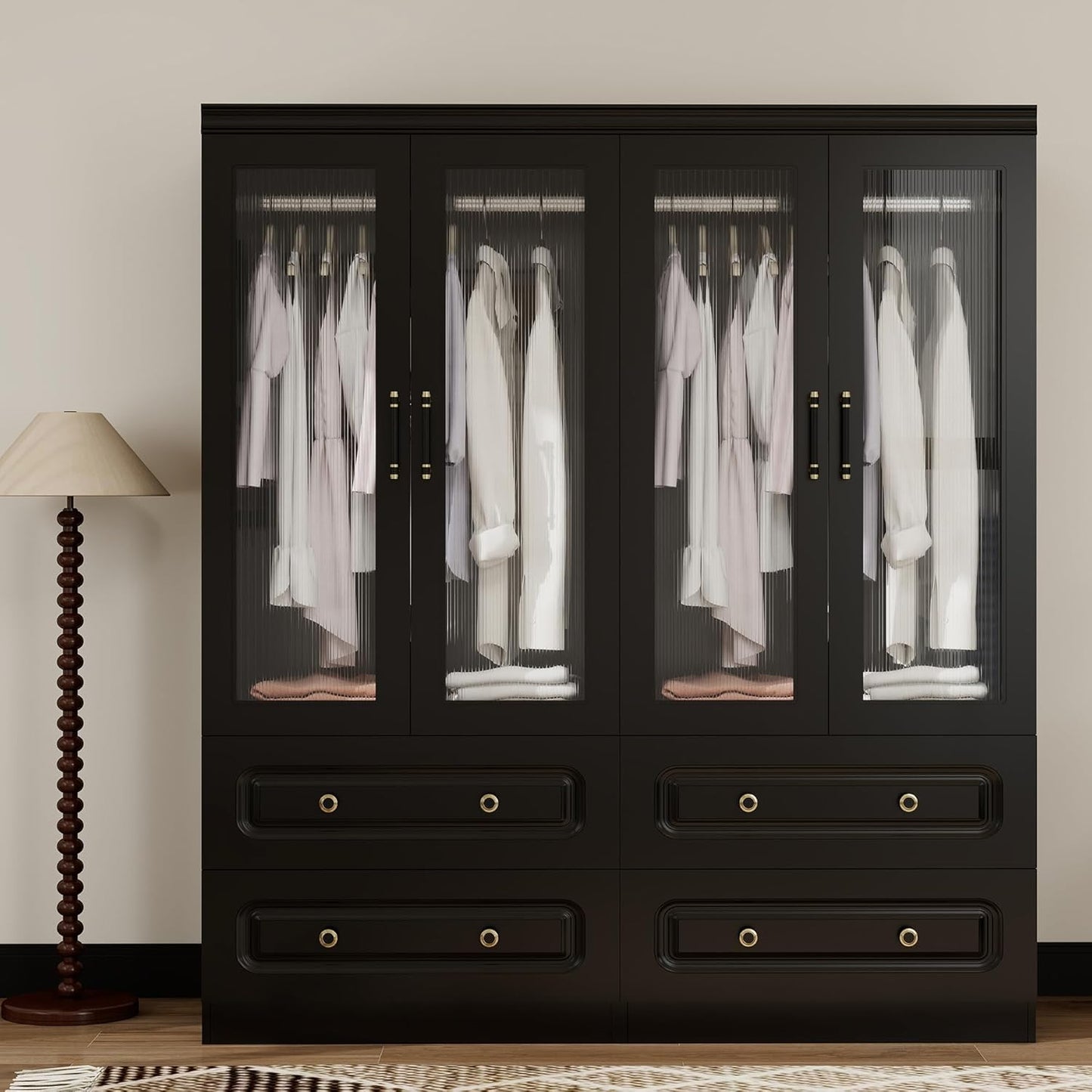 Wooden Armoire Wardrobe Closet:Large Wardrobe Closet with 4 Doors, 3 Drawers for Tall Cabinet, Wardrobe Cabinet for Bedroom with Hanging Rods, Golden Handle, White