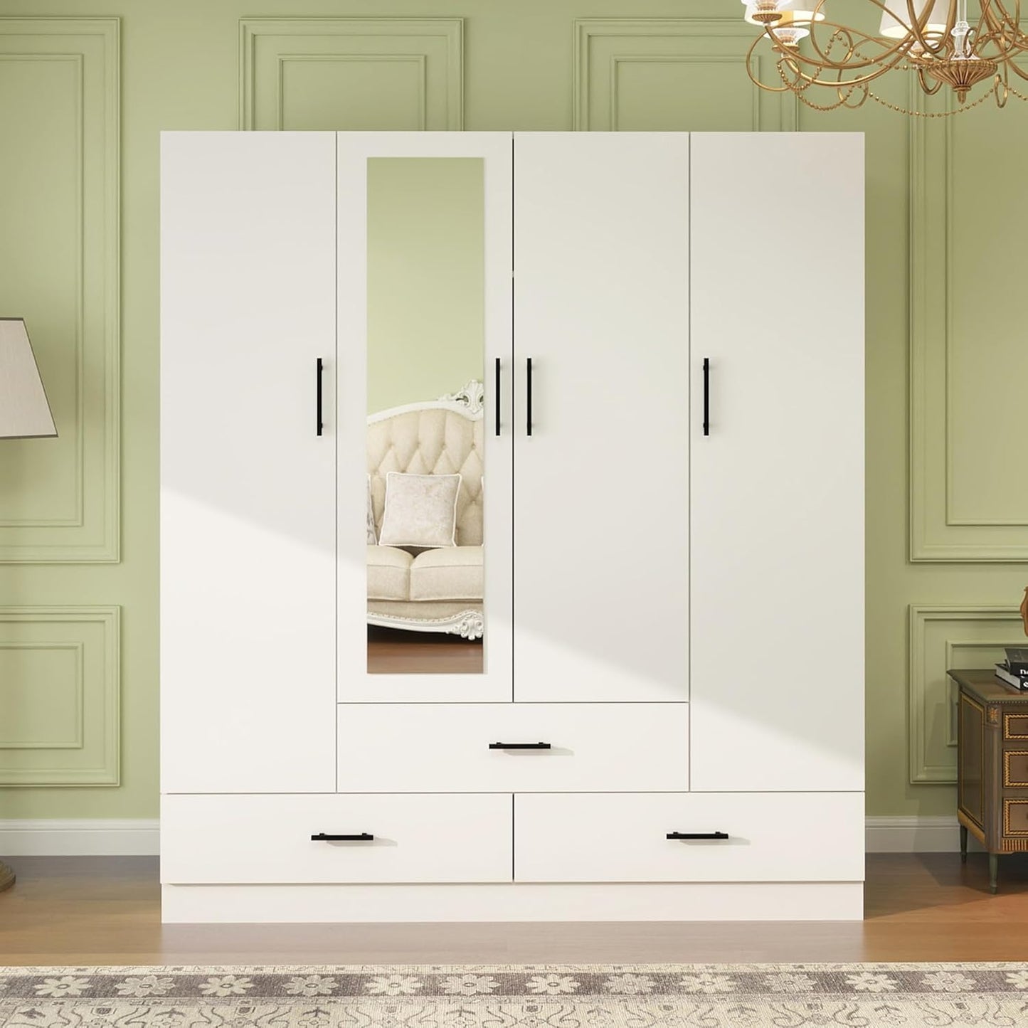 Wooden Armoire Wardrobe Closet:Large Wardrobe Closet with 4 Doors, 3 Drawers for Tall Cabinet, Wardrobe Cabinet for Bedroom with Hanging Rods, Golden Handle, White
