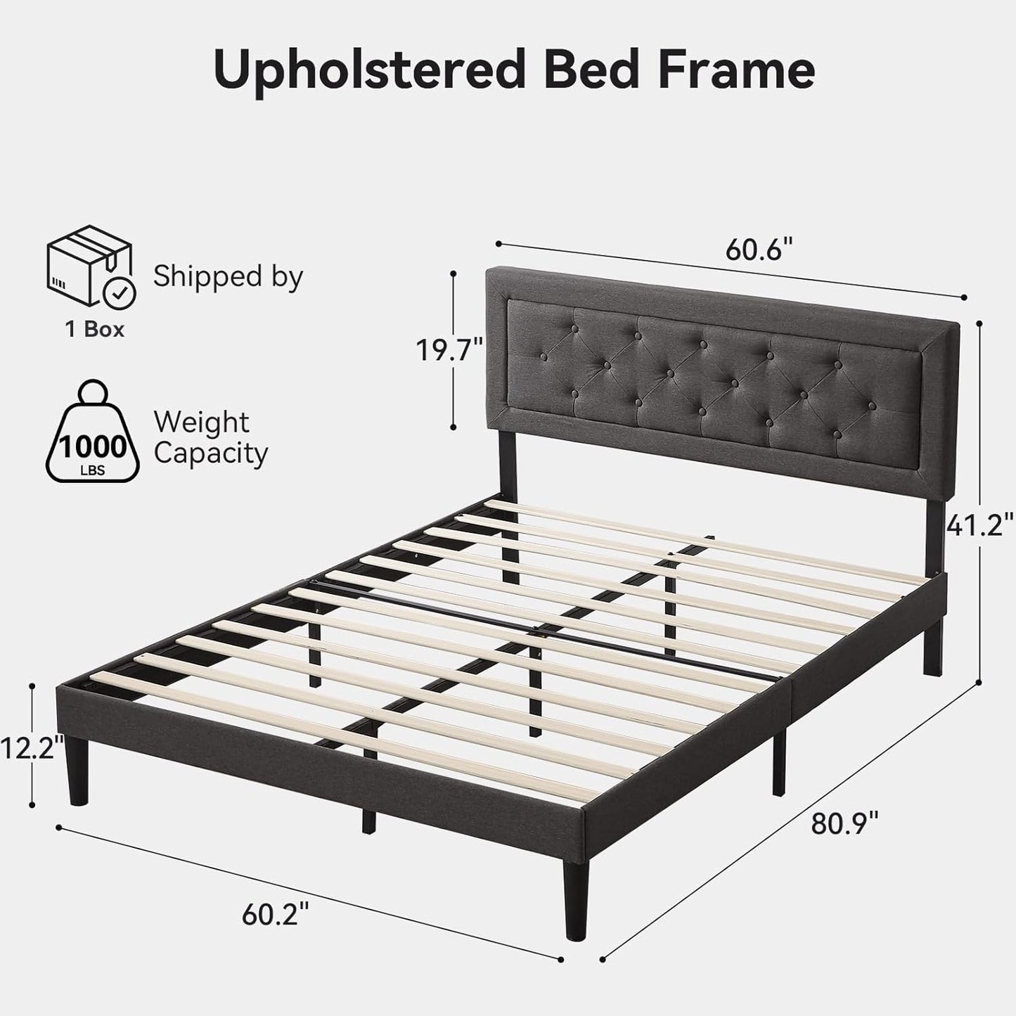 BedsPick Queen Size Bed Frame with Headboard, Upholstered Bed Frame with Button Tufted, Platform Bed with Wood Slat Support,Noise Free, Easy Assembly, No Box Spring Needed (Dark Grey, Queen)