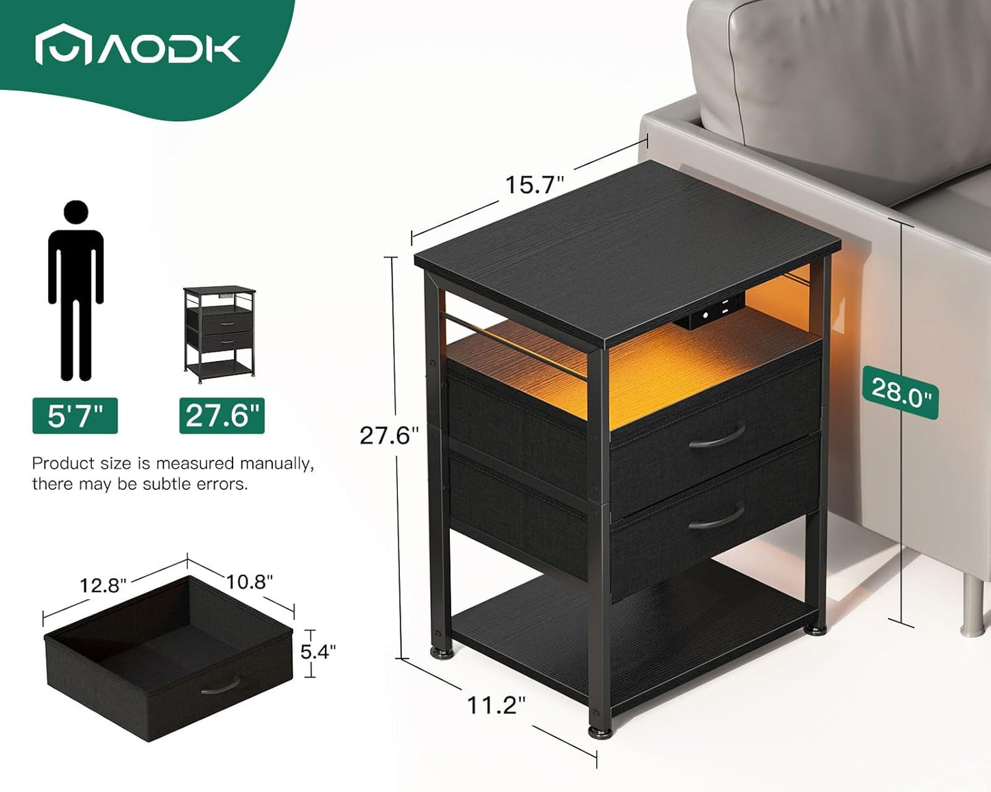 AODK Night Stand with Charging Station, End Table for Bedroom Tall Nightstand with Drawers, Small Nightstand for Bedroom, 4 Tier Storage Bedside Table, Black