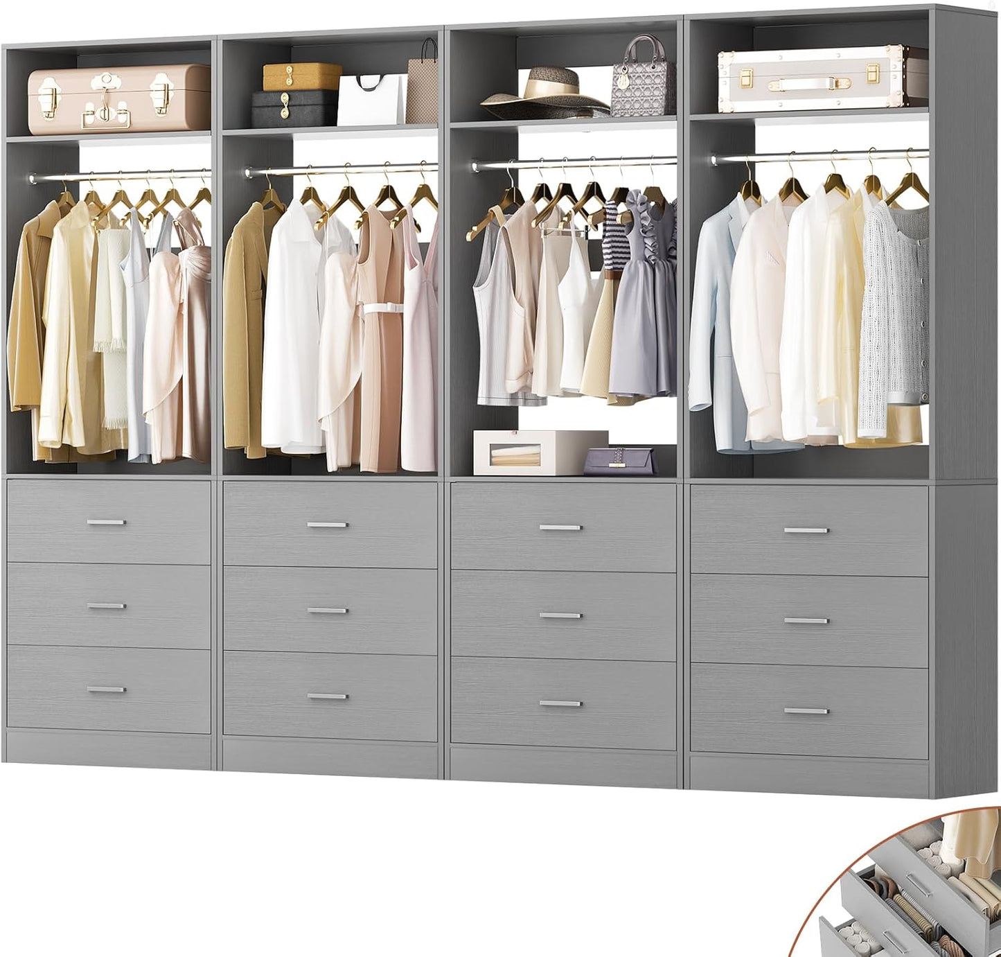 Closet System Set of 2, 4FT Closet Systems with 6 Wood Drawers, 48" Closet Organizer System with 2 Hanging Rods & 2 Shelves, Heavy Duty 48 Inch Walk-in Closet , White (48"L x 15" W x 80" H)