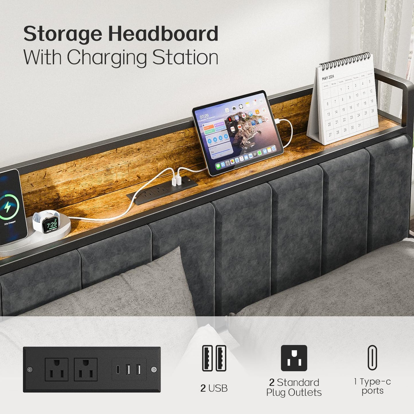 Full Bed Frame with Storage Charging Station Headboard, Smart LED Light, Metal Platform Bed No Box Spring Required, Easy Assembly, Noise Free