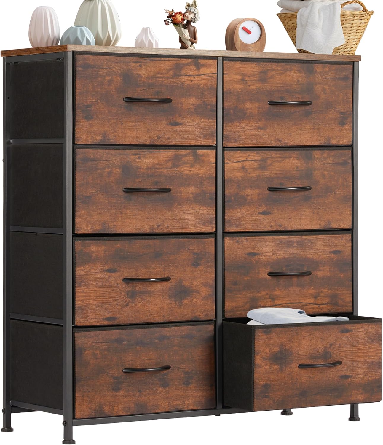 DUMOS Dresser for Bedroom, Storage Organizer with 9 Drawers, Chest of Drawers with Fabric Bins, Sturdy Metal Frame, Wood Tabletop for Guest Room, Closet, Entryway, Nursery