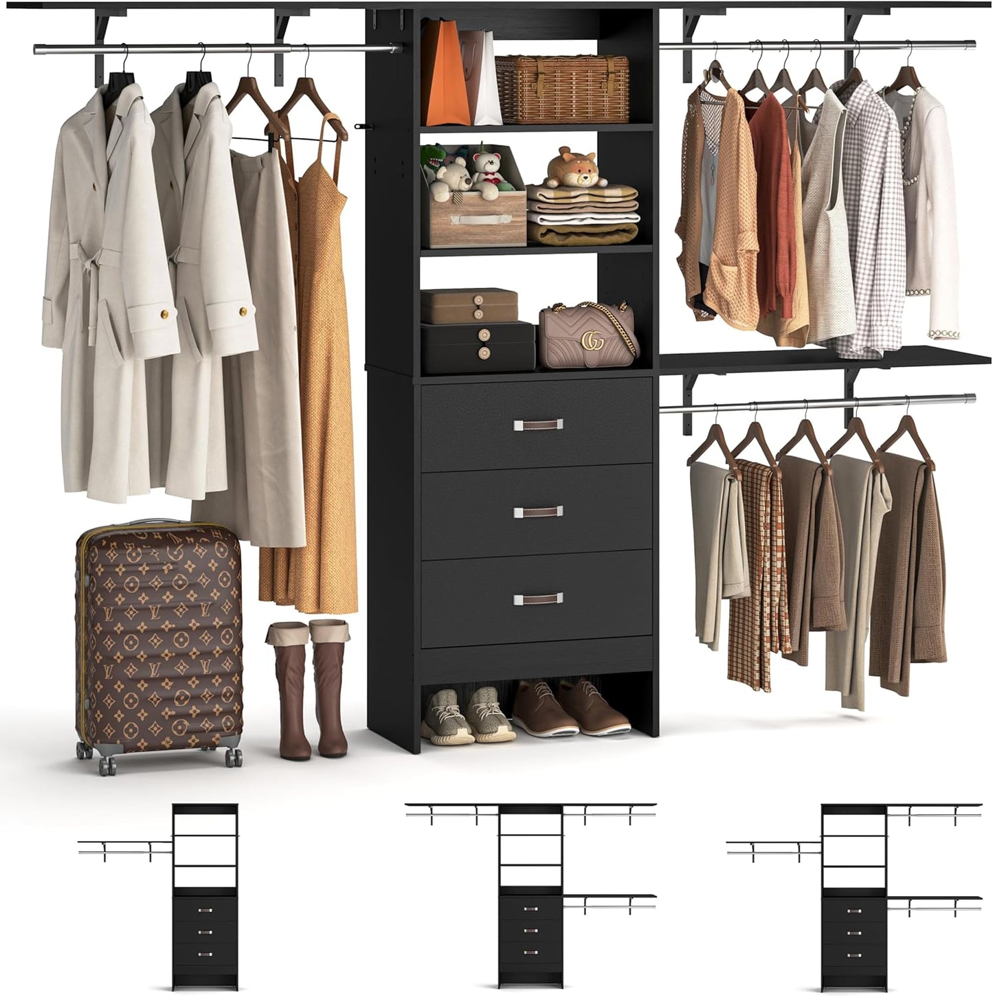 8FT Closet System, 96'' Closet Organizer System with 3 Hanging Rods, Wall Mount Bedroom Wardrobe with 3 Drawers Walk-in Closet, Adjustable Cloth Garment Rack from 5 to 8FT (Cut to Fit), White