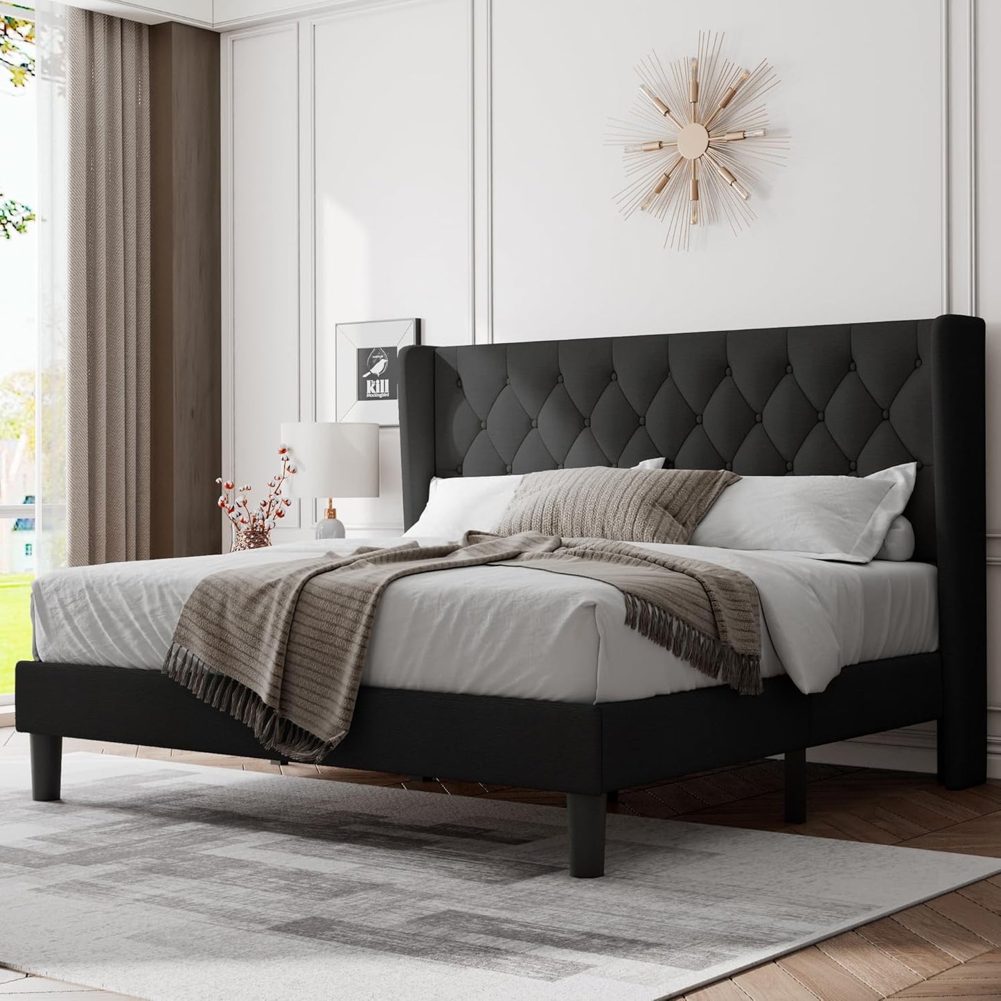 Feonase Full Size Bed Frame with Upholstered Wingback Headboard, Platform Bed and Heavy Duty Wooden Slats Support, Easy Assembly, Noise-Free, No Box Spring Needed, Dark Gray