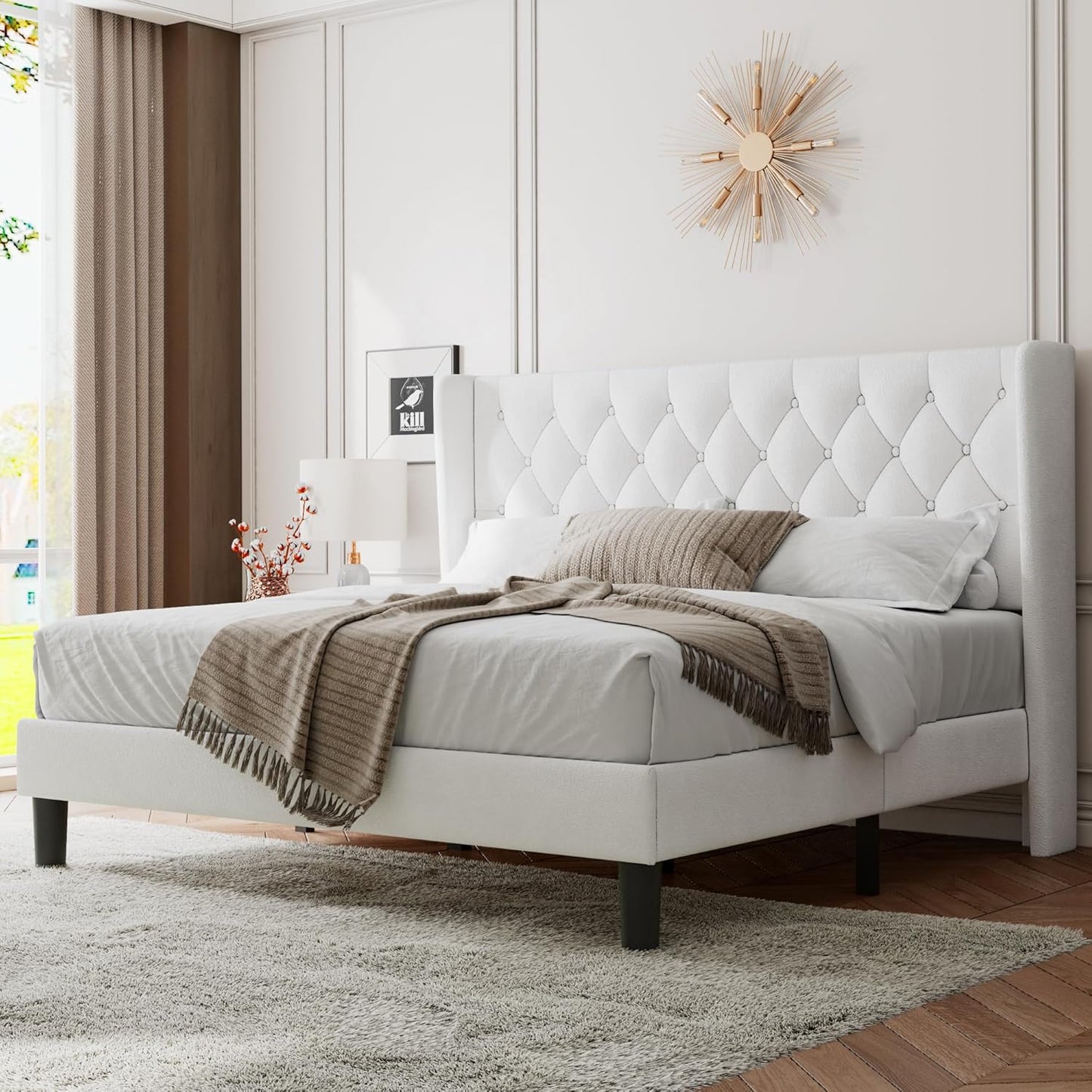 Feonase Full Size Bed Frame with Upholstered Wingback Headboard, Platform Bed and Heavy Duty Wooden Slats Support, Easy Assembly, Noise-Free, No Box Spring Needed, Dark Gray