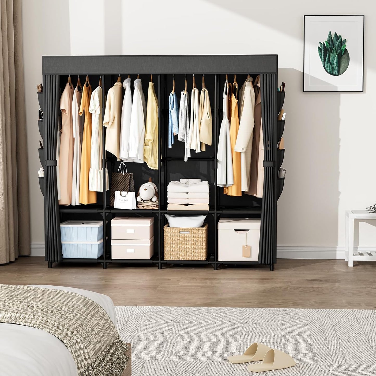 Portable Closet for Hanging Clothes, 67 Inch Wide Portable Wardrobe Closet with Cover, 4 Hanging Rod, Storage Shelves and Side Pockets, Large Free Standing Closet for Bedroom, Black