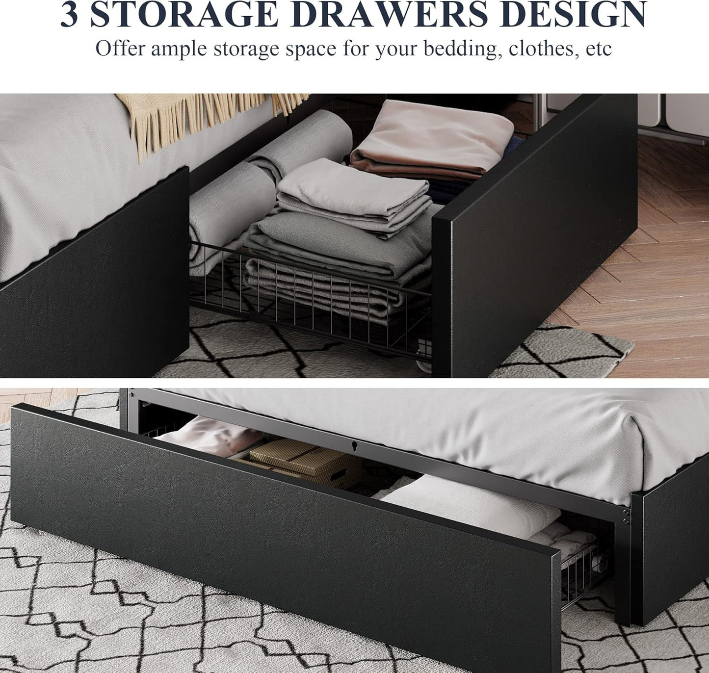 Allewie Full Size Platform Bed Frame with 3 Storage Drawers, Faux Leather Upholstered, Wooden Slats Support, No Box Spring Needed, Easy Assembly, Black