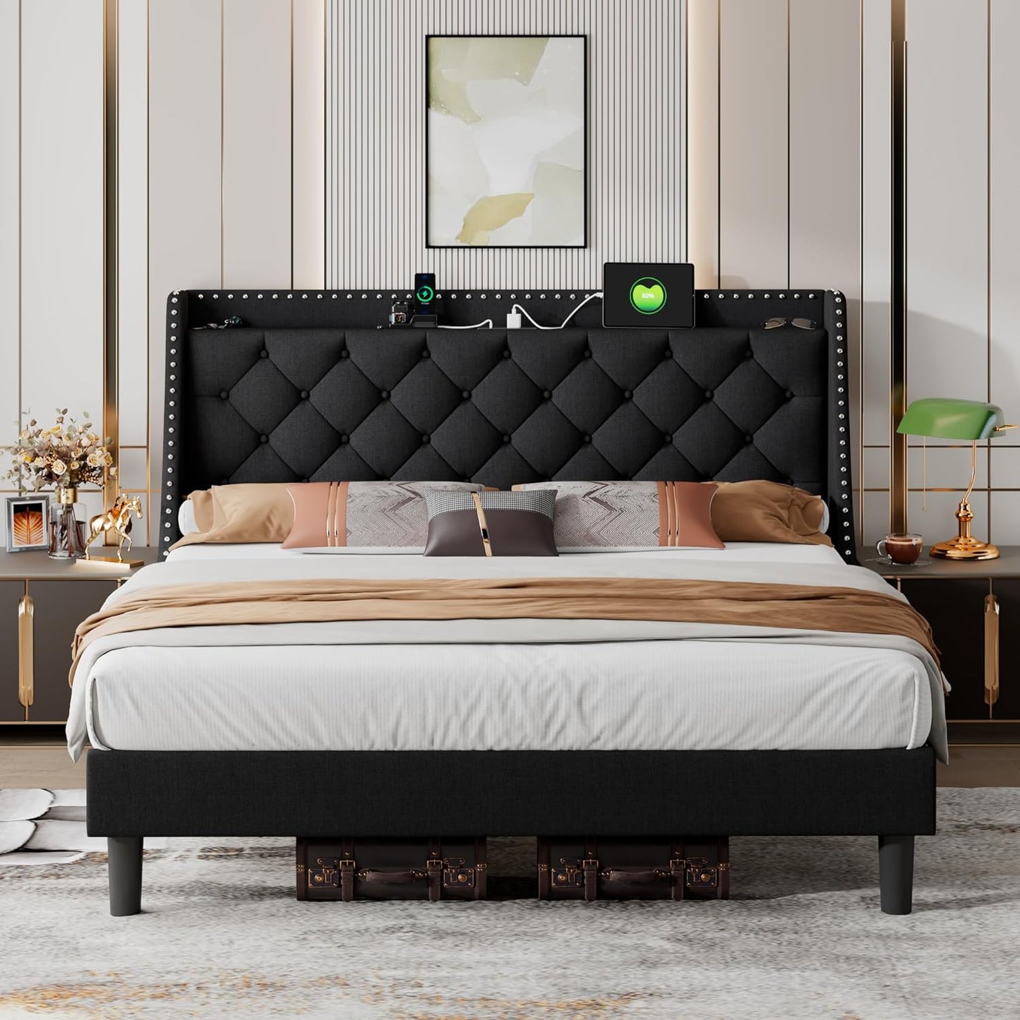 iPormis Full Bed Frame with 16" Comfort Wingback & Charging Station, Upholstered Platform Bed with Button Tufted Storage Headboard, Solid Wood Slats Support, No Box Spring Needed, Black