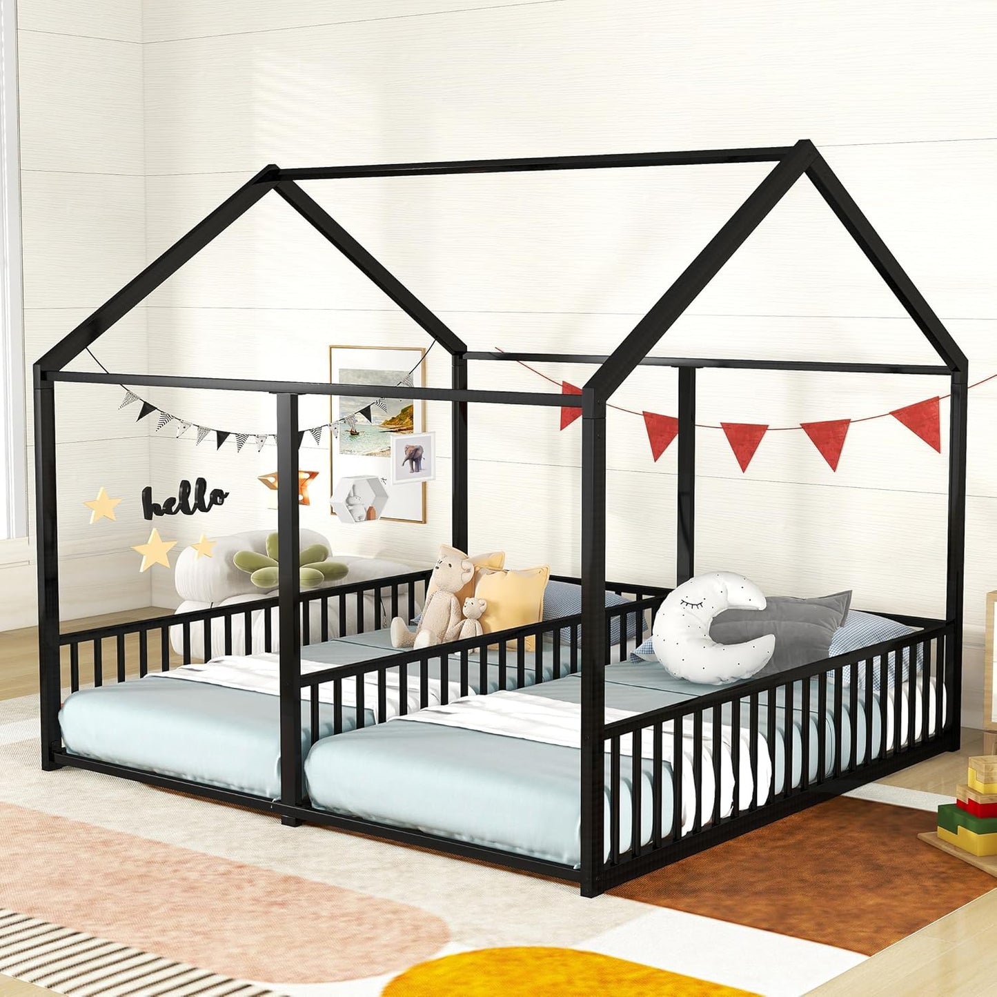 Double Floor Bed for Twins,Twin Size House Bed for 2 Kids,Two Shared Beds,Twin House Platform Beds,Metal Floor Bed Frame with Rails for Girls,Boys(White)