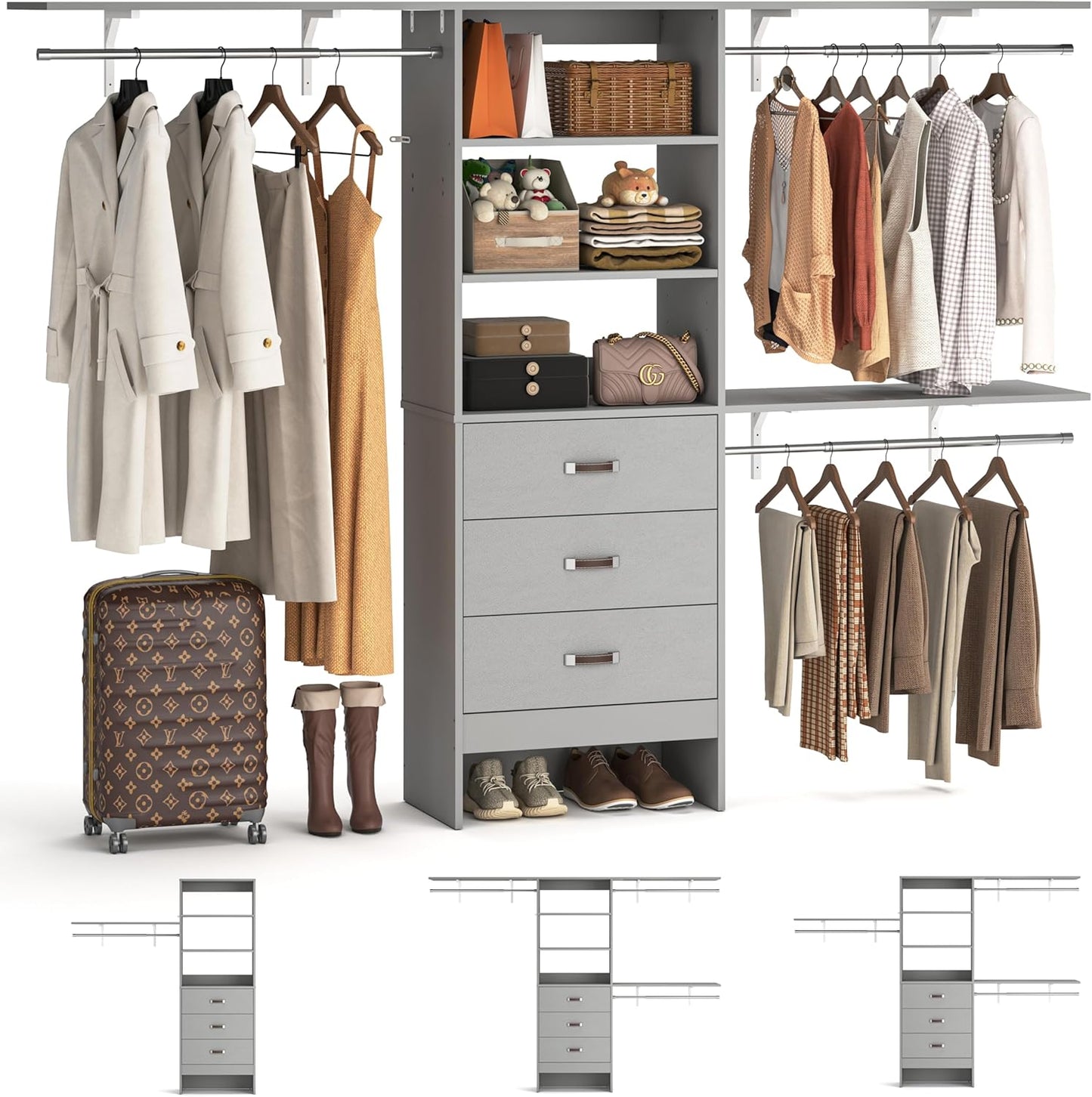 8FT Closet System, 96'' Closet Organizer System with 3 Hanging Rods, Wall Mount Bedroom Wardrobe with 3 Drawers Walk-in Closet, Adjustable Cloth Garment Rack from 5 to 8FT (Cut to Fit), White