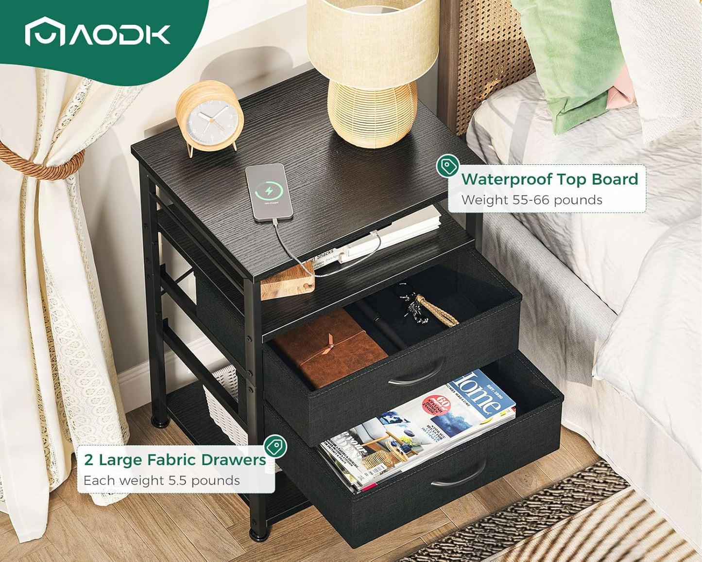 AODK Night Stand with Charging Station, End Table for Bedroom Tall Nightstand with Drawers, Small Nightstand for Bedroom, 4 Tier Storage Bedside Table, Black