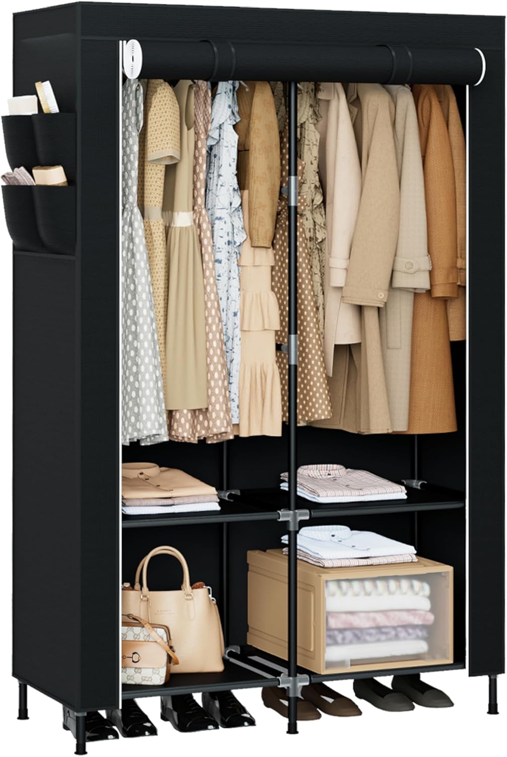 Portable Closet, 51.2 Inch Large Capacity Wardrobe Closet with Cover, Clothes Storage Organizer with Shelves and 3 Hanging Rods, Easy to Assembly, Black PCT203B01