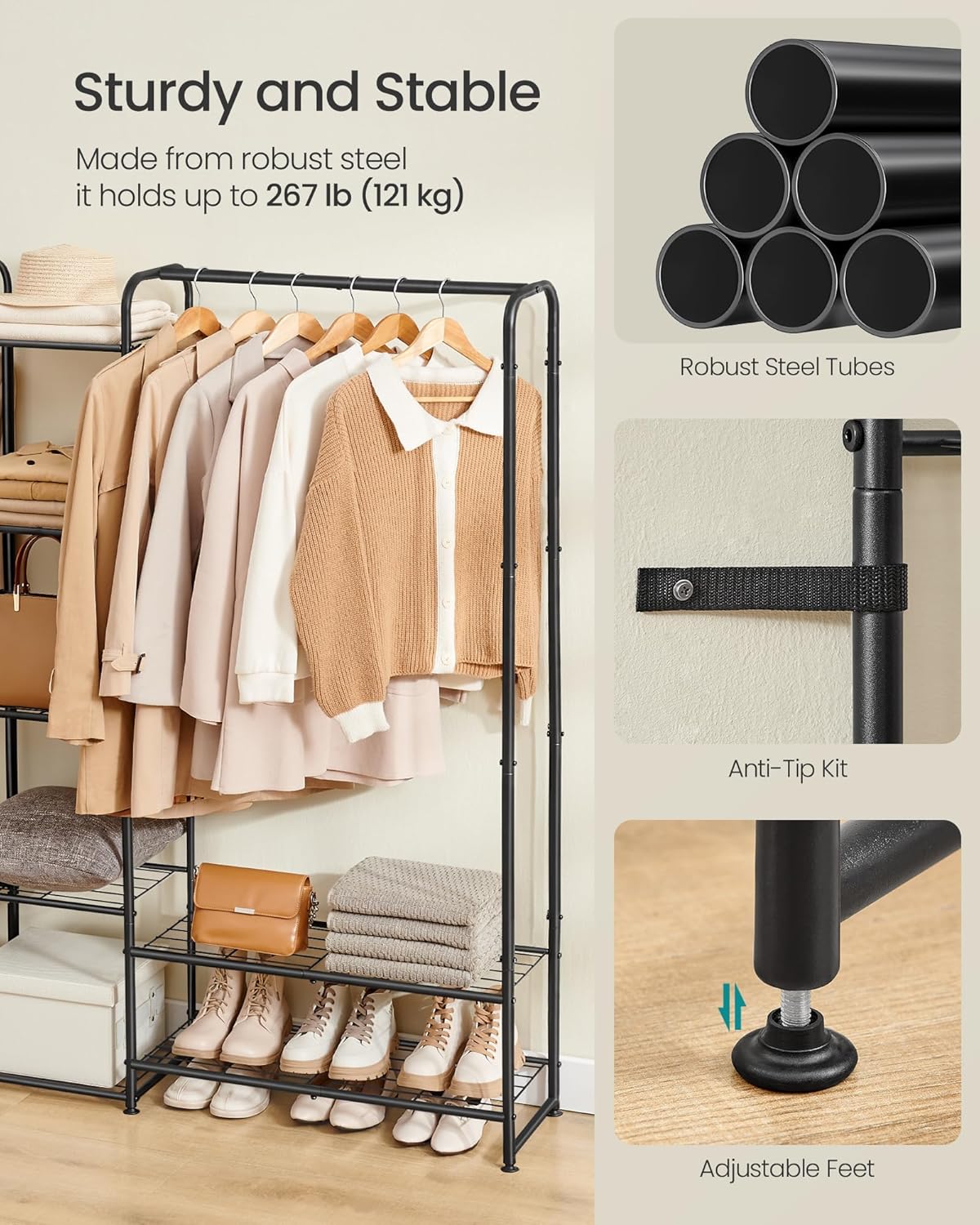 SONGMICS Wardrobe Closet, 72 Inch Large Portable Closet, Clothes Rack for Hanging Clothes,Heavy Duty Garment Rack, Storage Organizer with Shelves, 72 x 11.4 x 62.4 Inches, Black ULGR463B01